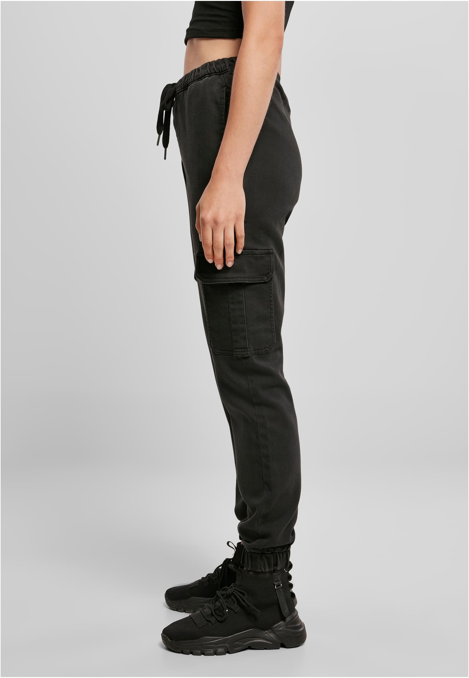 Ladies Knitted Denim High Waist Cargo Pants | black