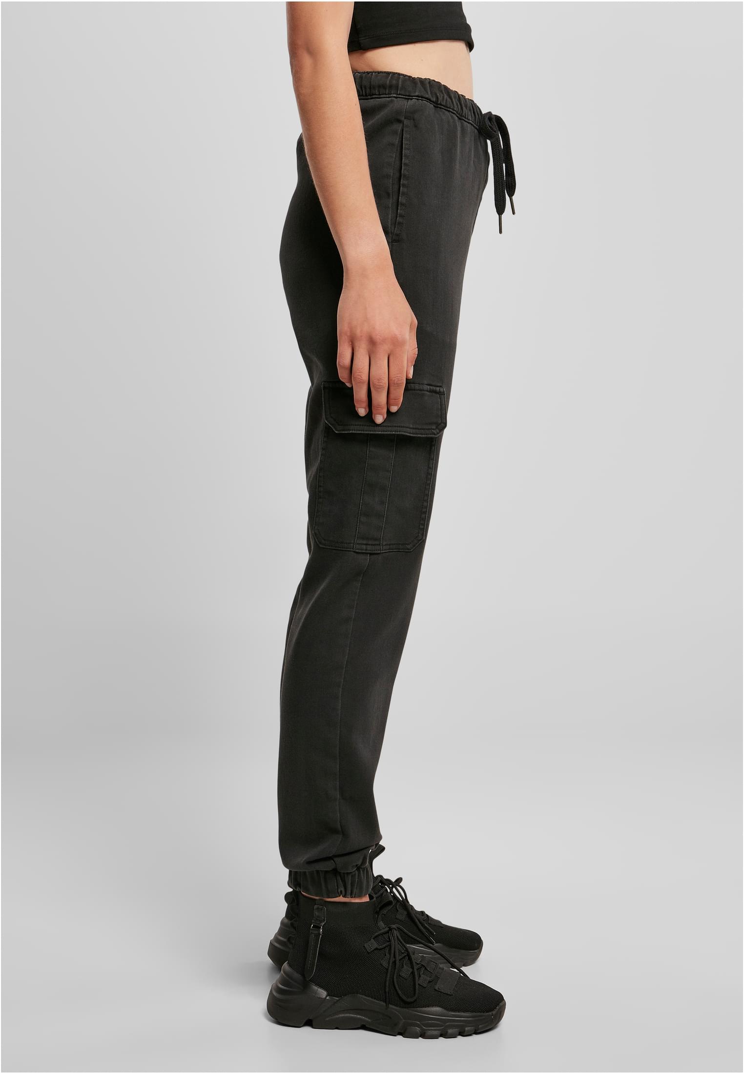 Ladies Knitted Denim High Waist Cargo Pants | black