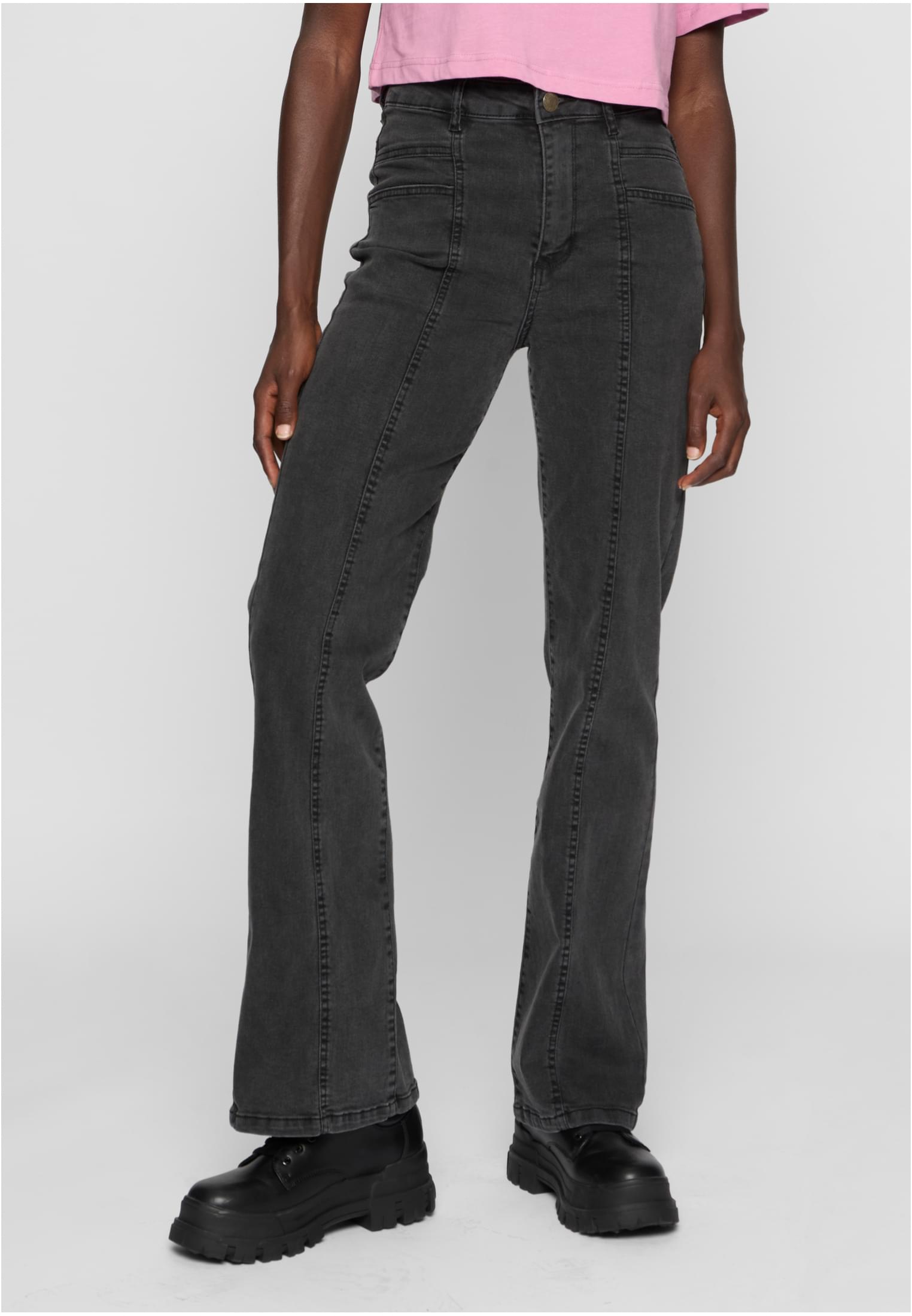 Ladies High Waist Straight Slit Denim Pants | blackwashed