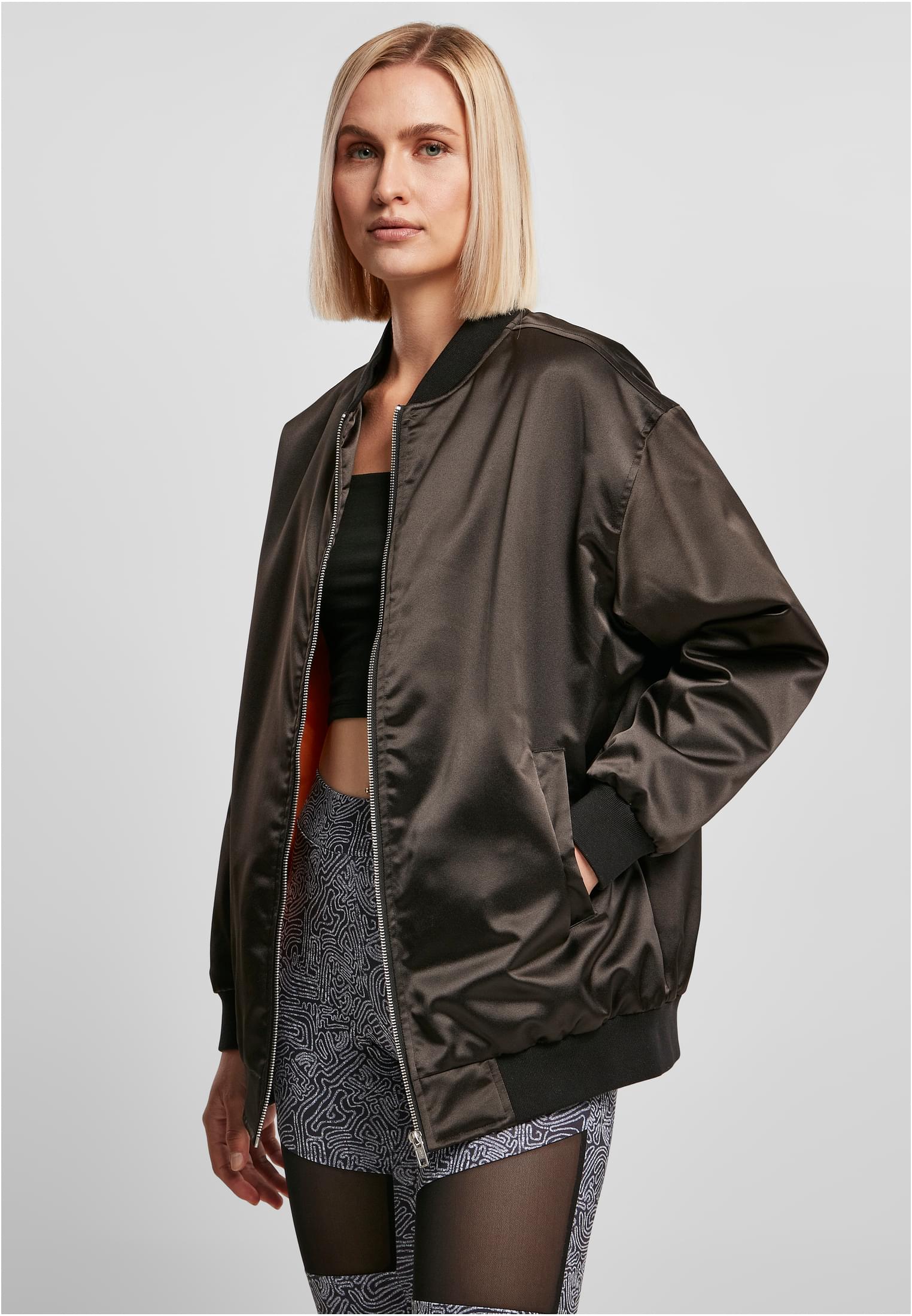 Ladies Oversized Satin Bomber Jacket | black