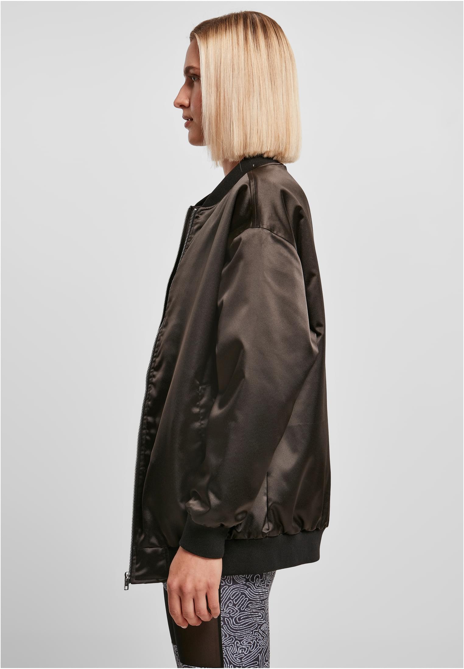 Ladies Oversized Satin Bomber Jacket | black