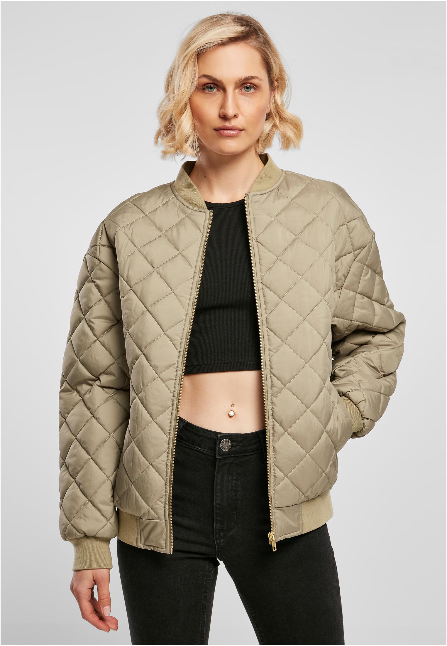 Ladies Oversized Diamond Quilted Bomber Jacket | khaki