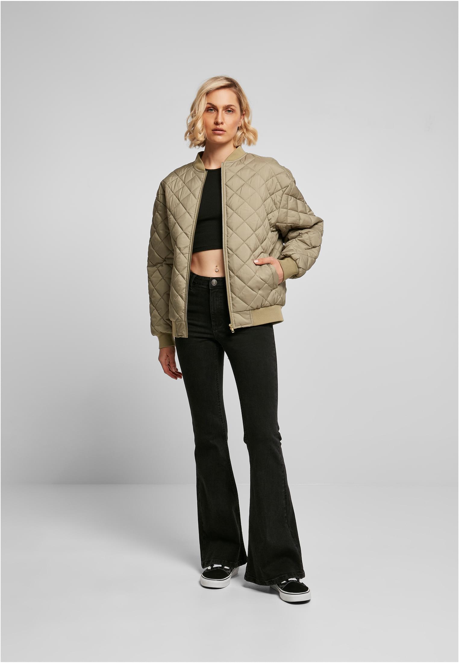 Ladies Oversized Diamond Quilted Bomber Jacket | khaki