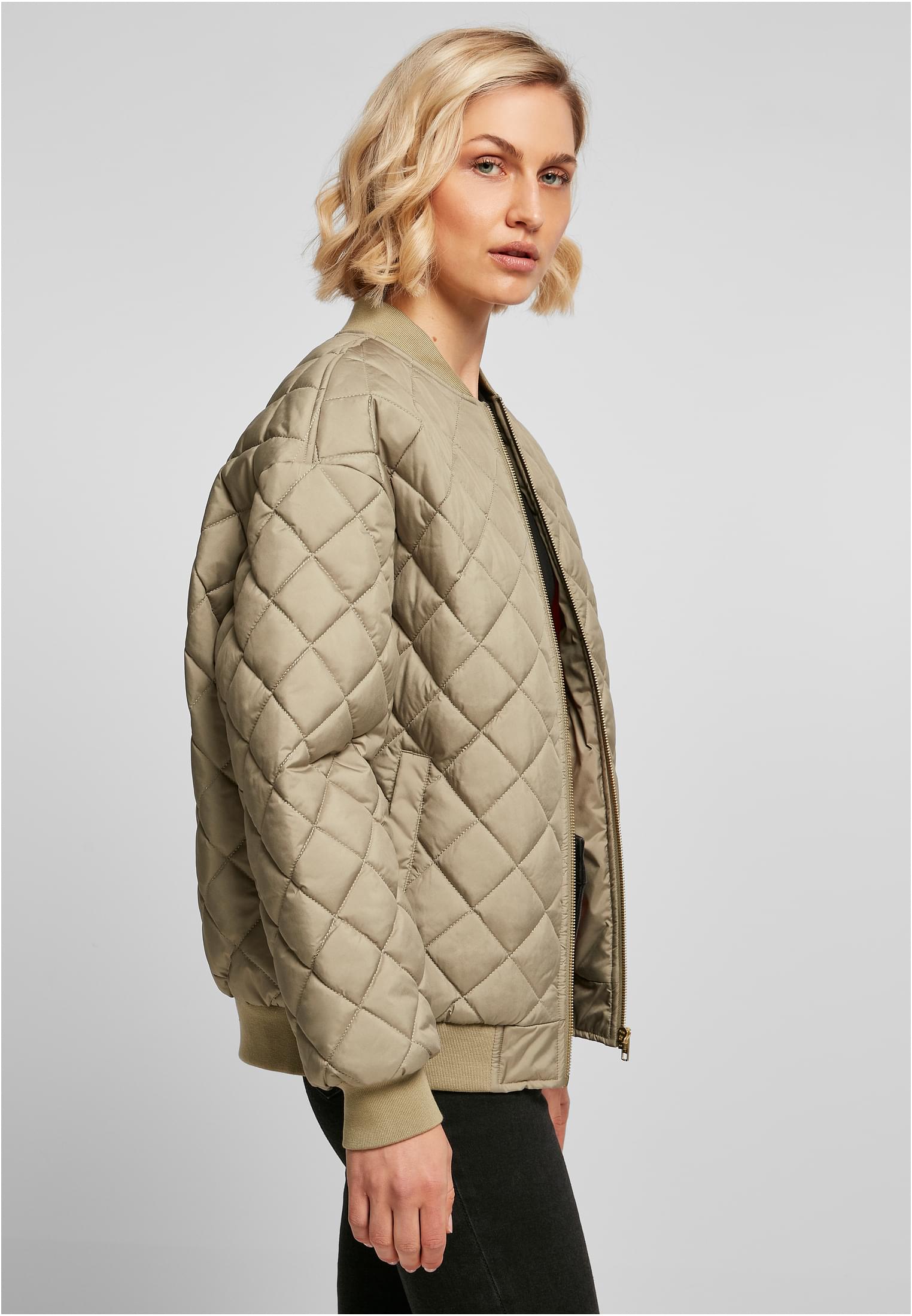 Ladies Oversized Diamond Quilted Bomber Jacket | khaki