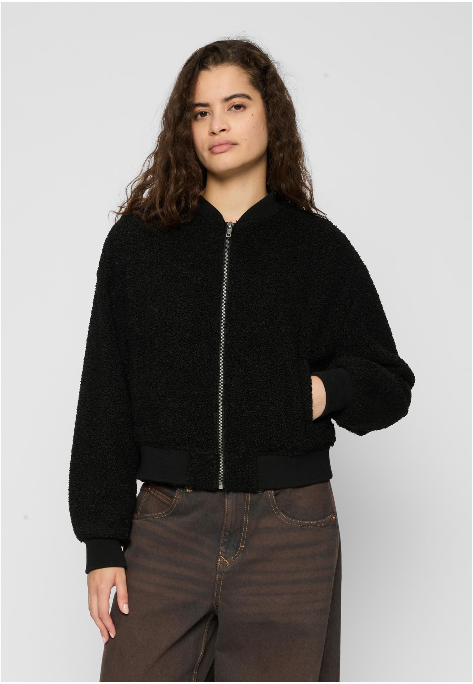 Ladies Oversized Sherpa Bomber Jacket | black