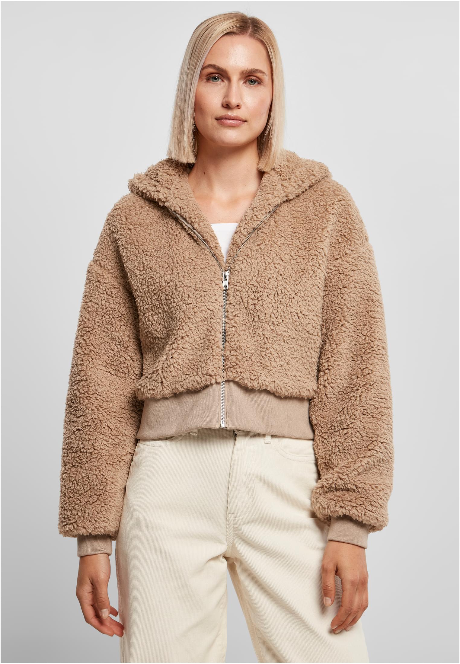 Ladies Short Oversized Sherpa Jacket | softtaupe