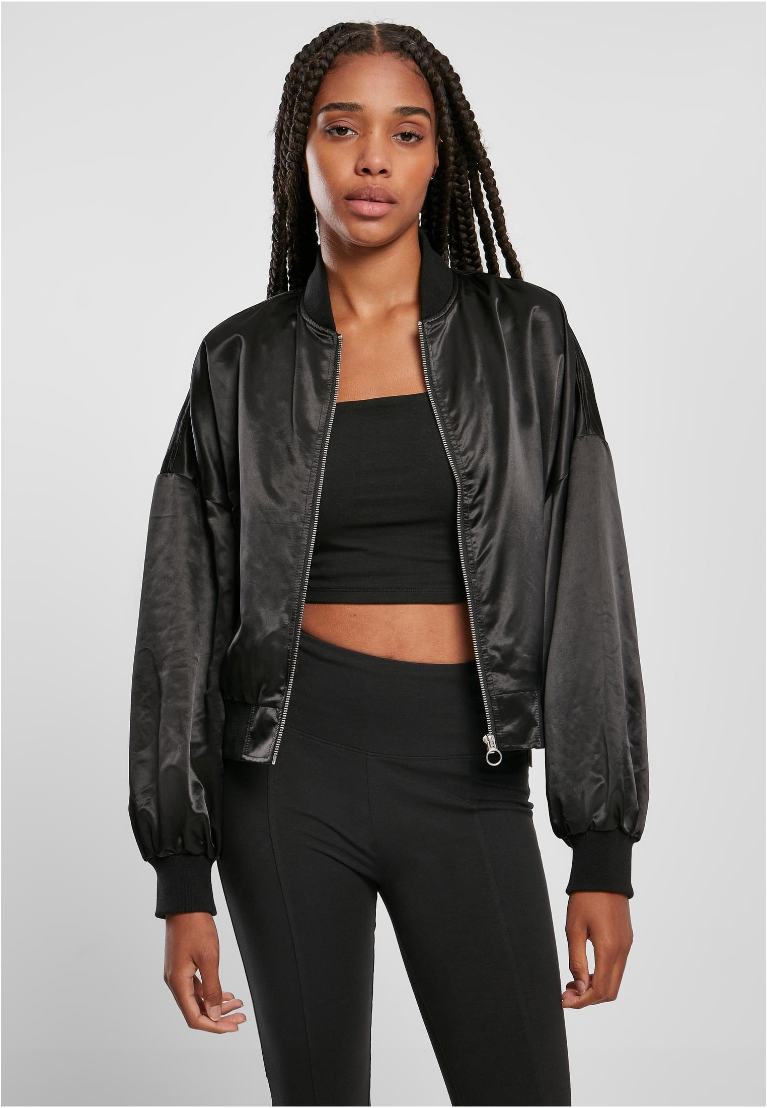 Ladies Oversized Light Satin Bomber Jacket | black