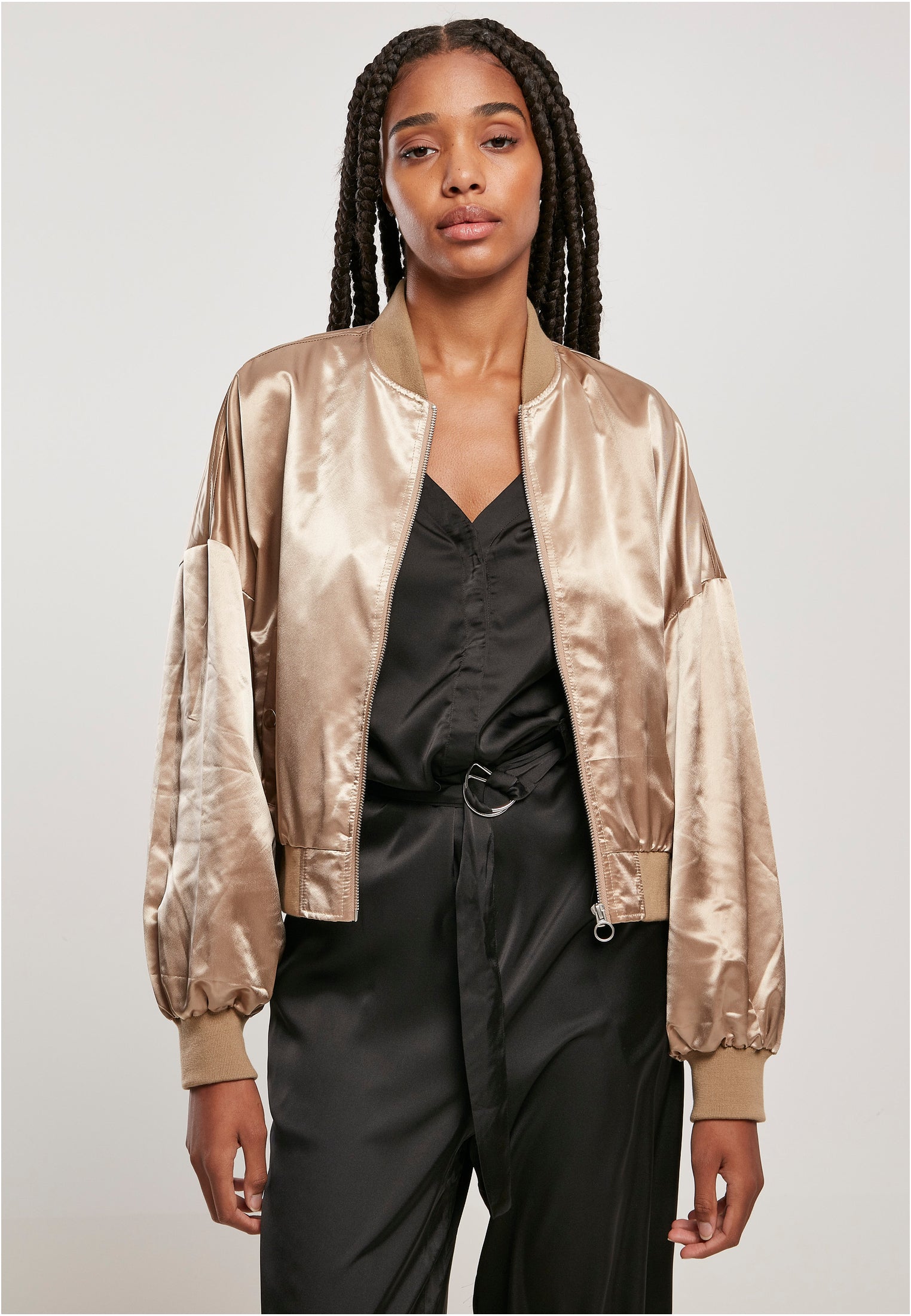 Ladies Oversized Light Satin Bomber Jacket | softtaupe