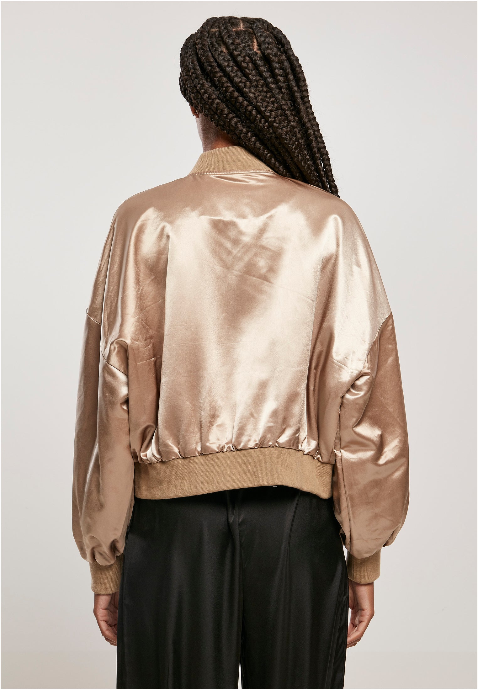 Ladies Oversized Light Satin Bomber Jacket | softtaupe