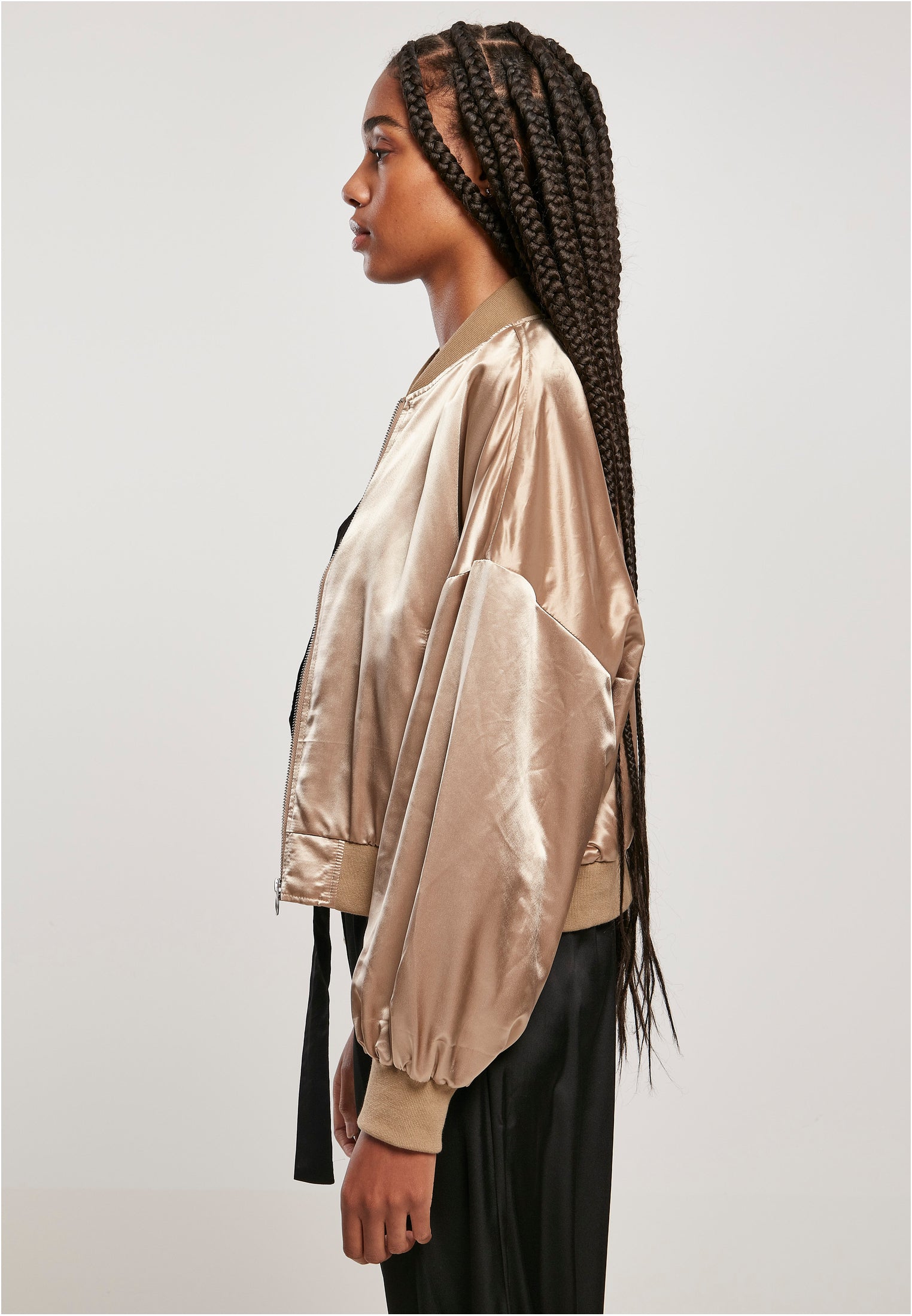 Ladies Oversized Light Satin Bomber Jacket | softtaupe