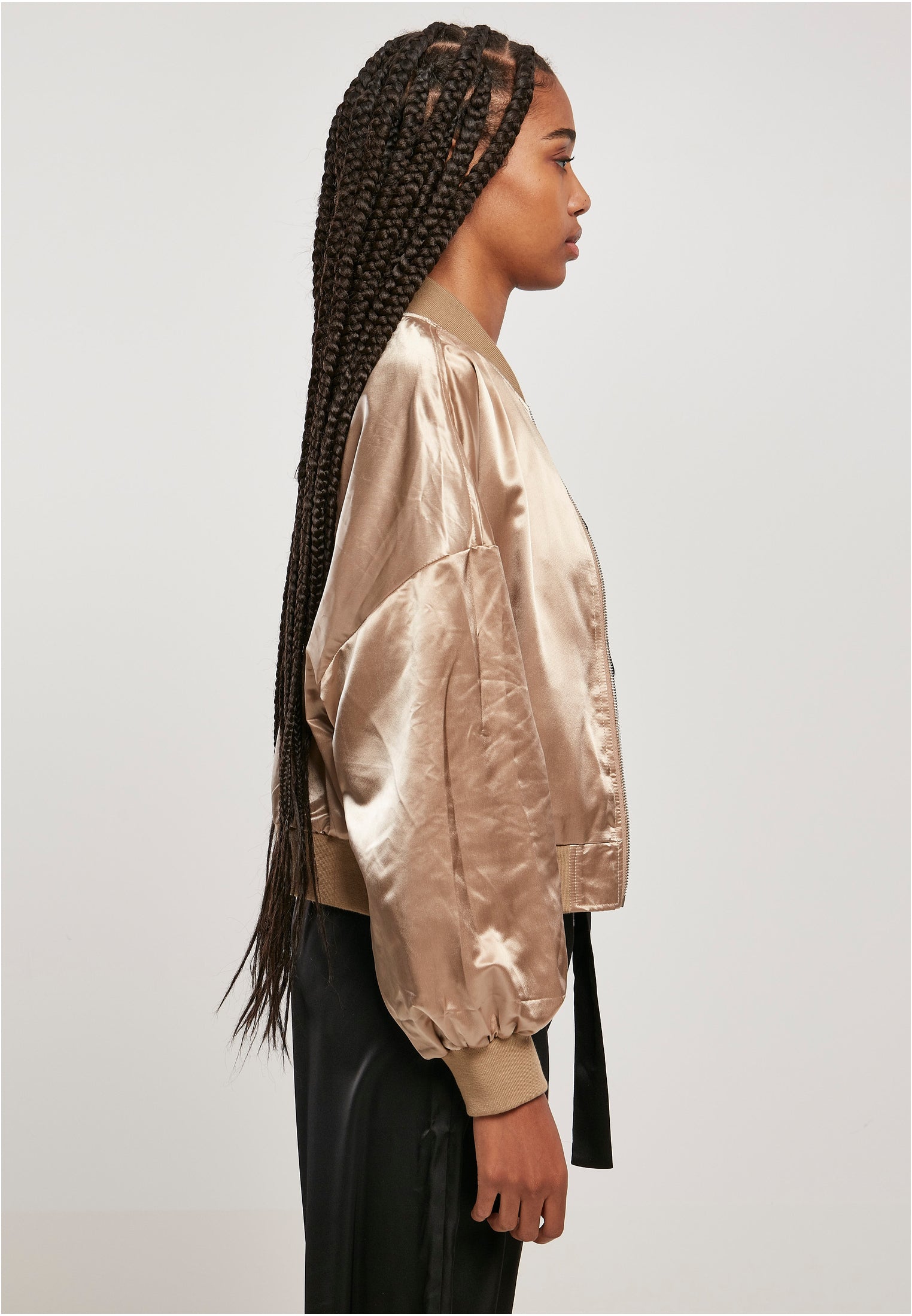 Ladies Oversized Light Satin Bomber Jacket | softtaupe