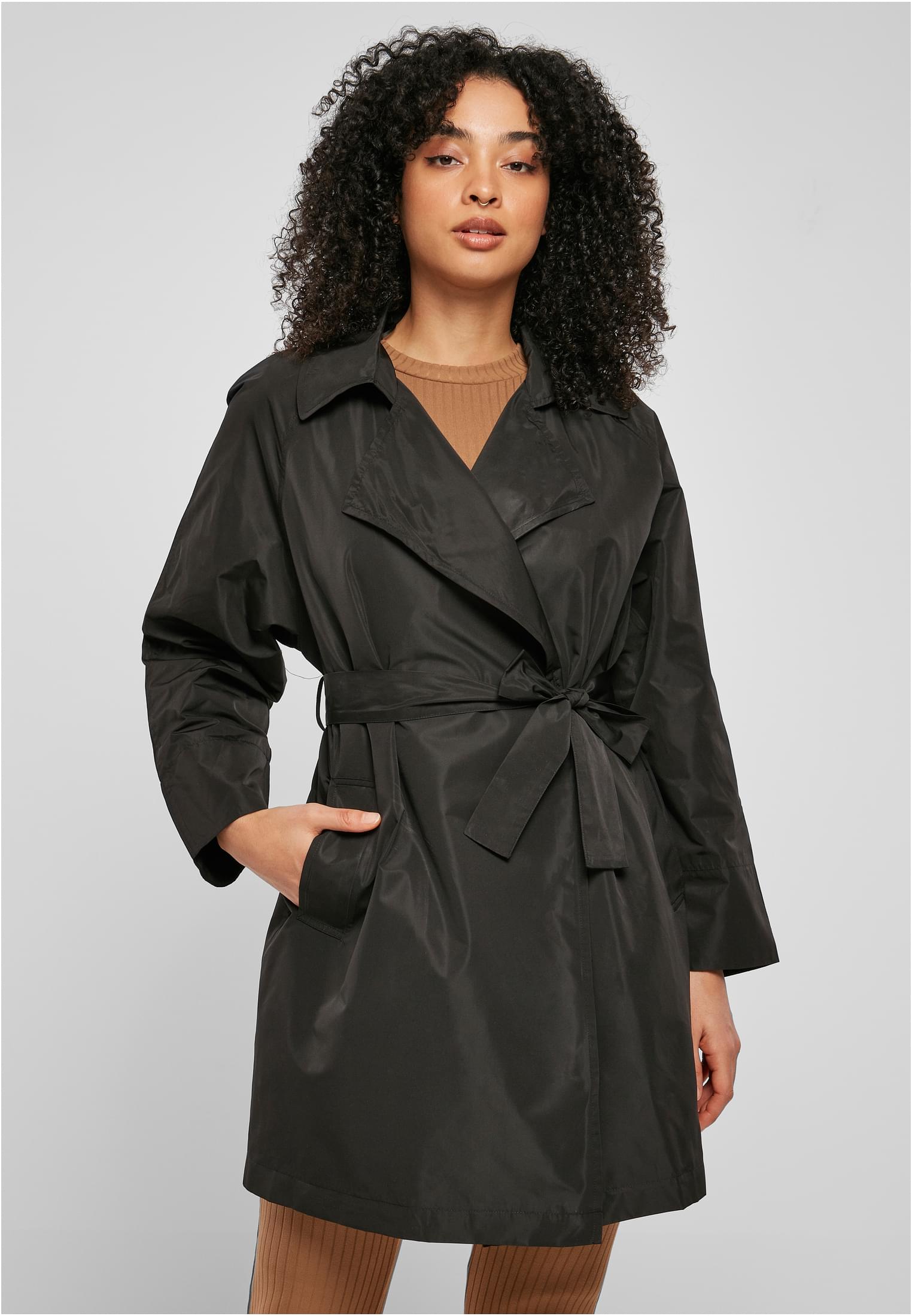 Ladies Crinkle Nylon Minimal Trench Coat | black