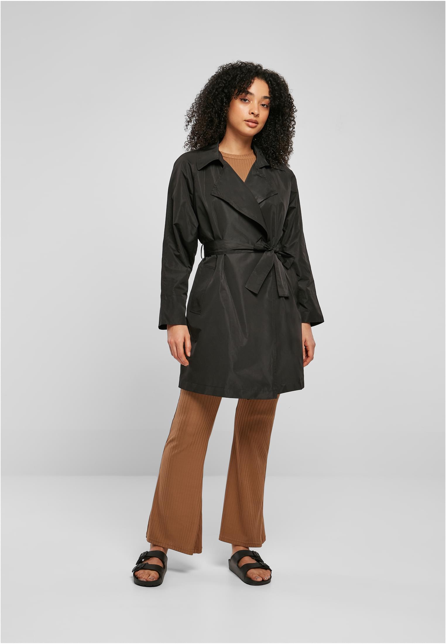 Ladies Crinkle Nylon Minimal Trench Coat | black