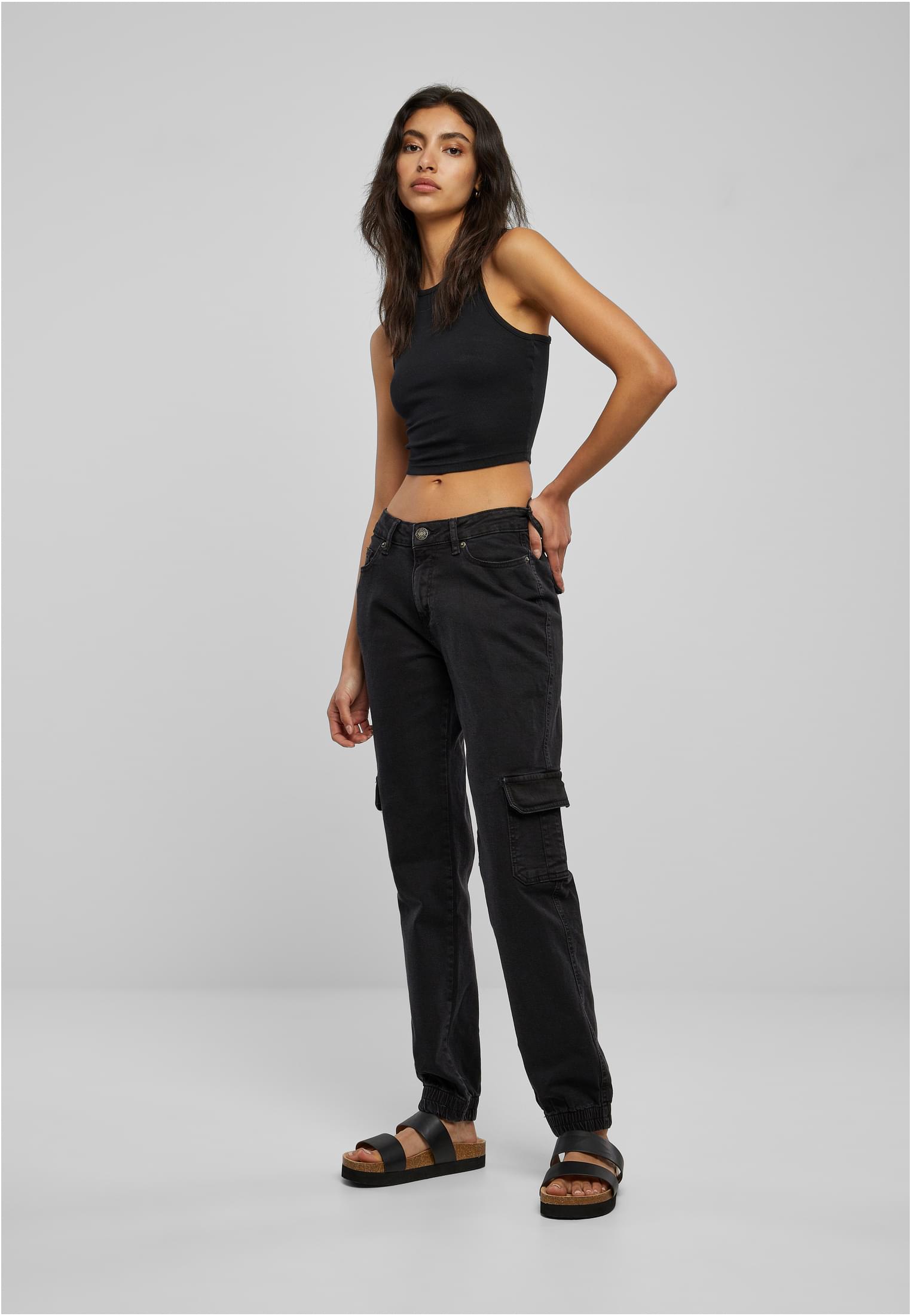 Ladies Organic Stretch Denim Cargo Pants | black washed