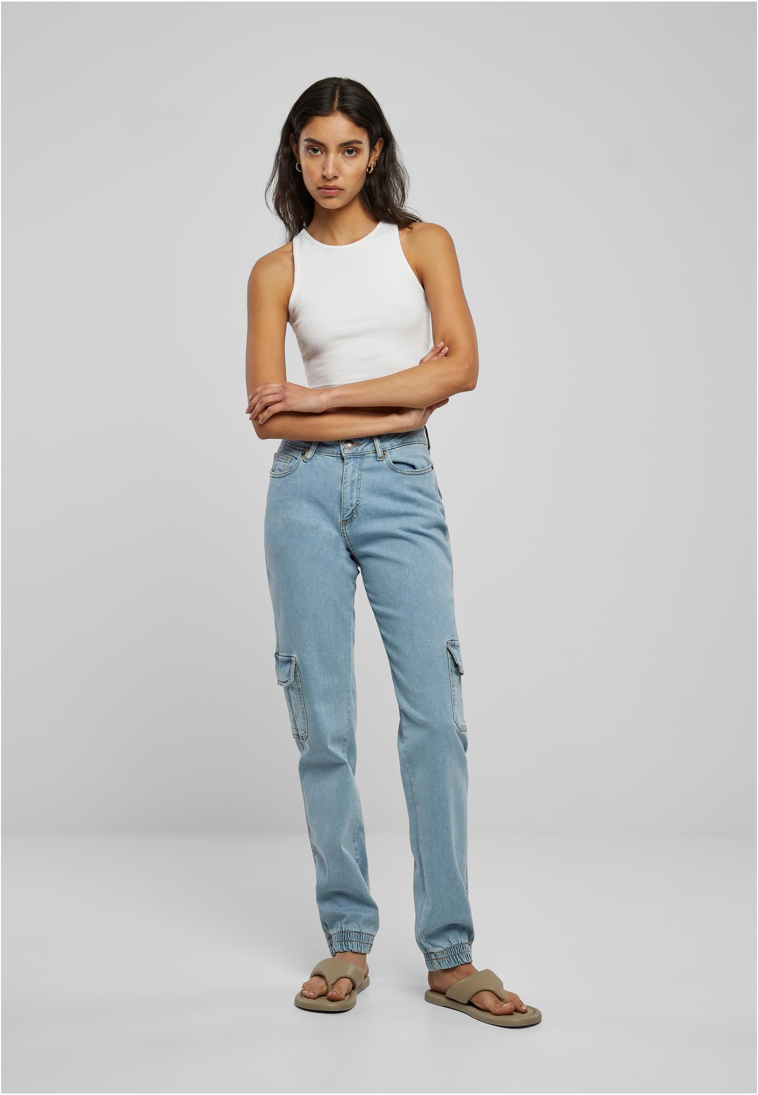 Ladies Organic Stretch Denim Cargo Pants | clearblue washed