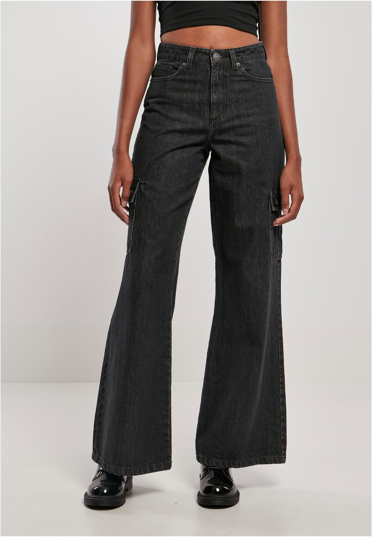 Ladies Wide Leg Cargo Denim Pants | black washed