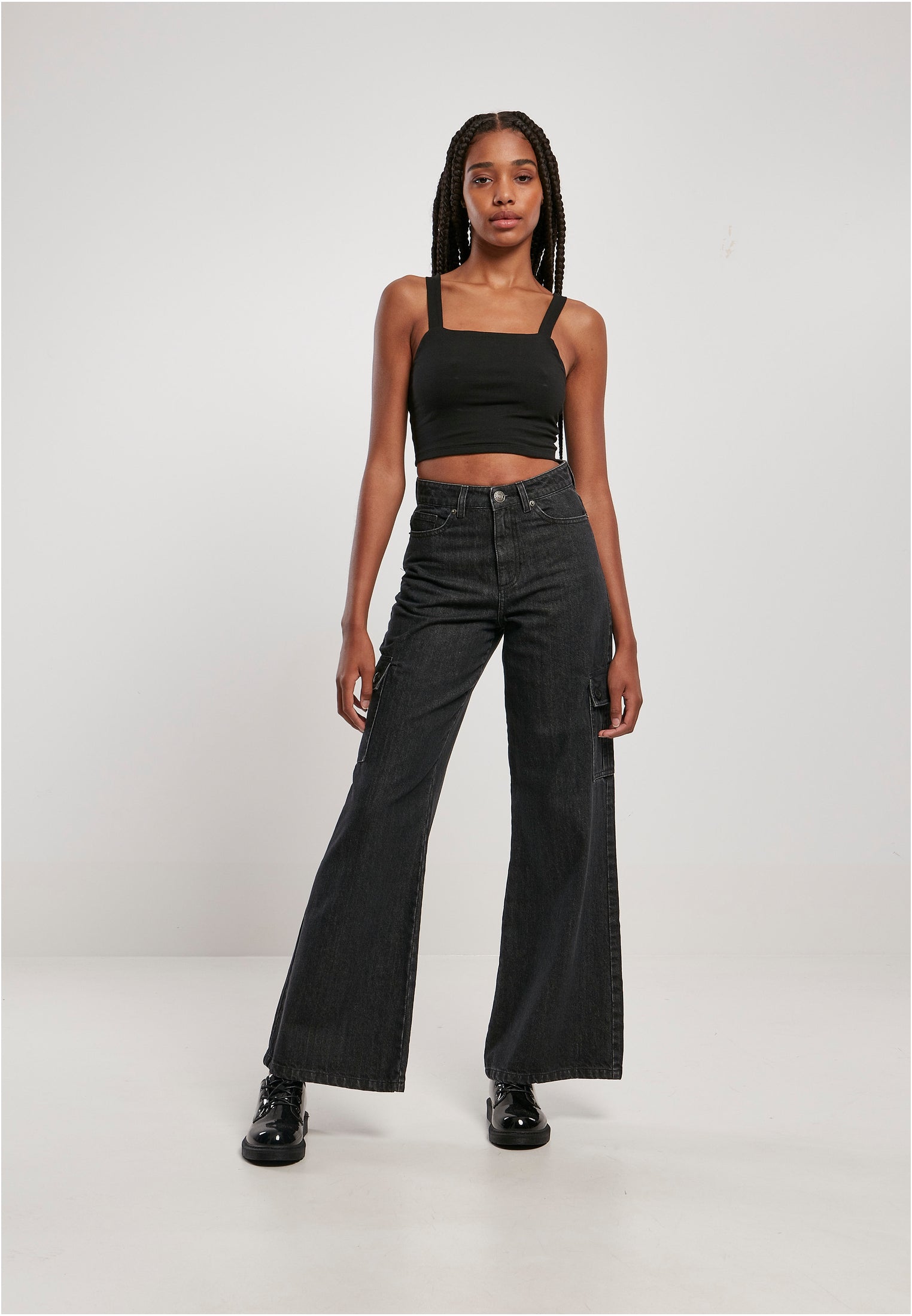 Ladies Wide Leg Cargo Denim Pants | black washed