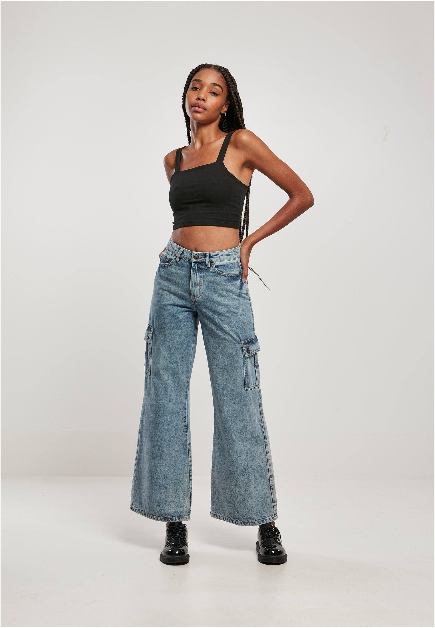 Ladies Wide Leg Cargo Denim Pants | tinted lightblue washed