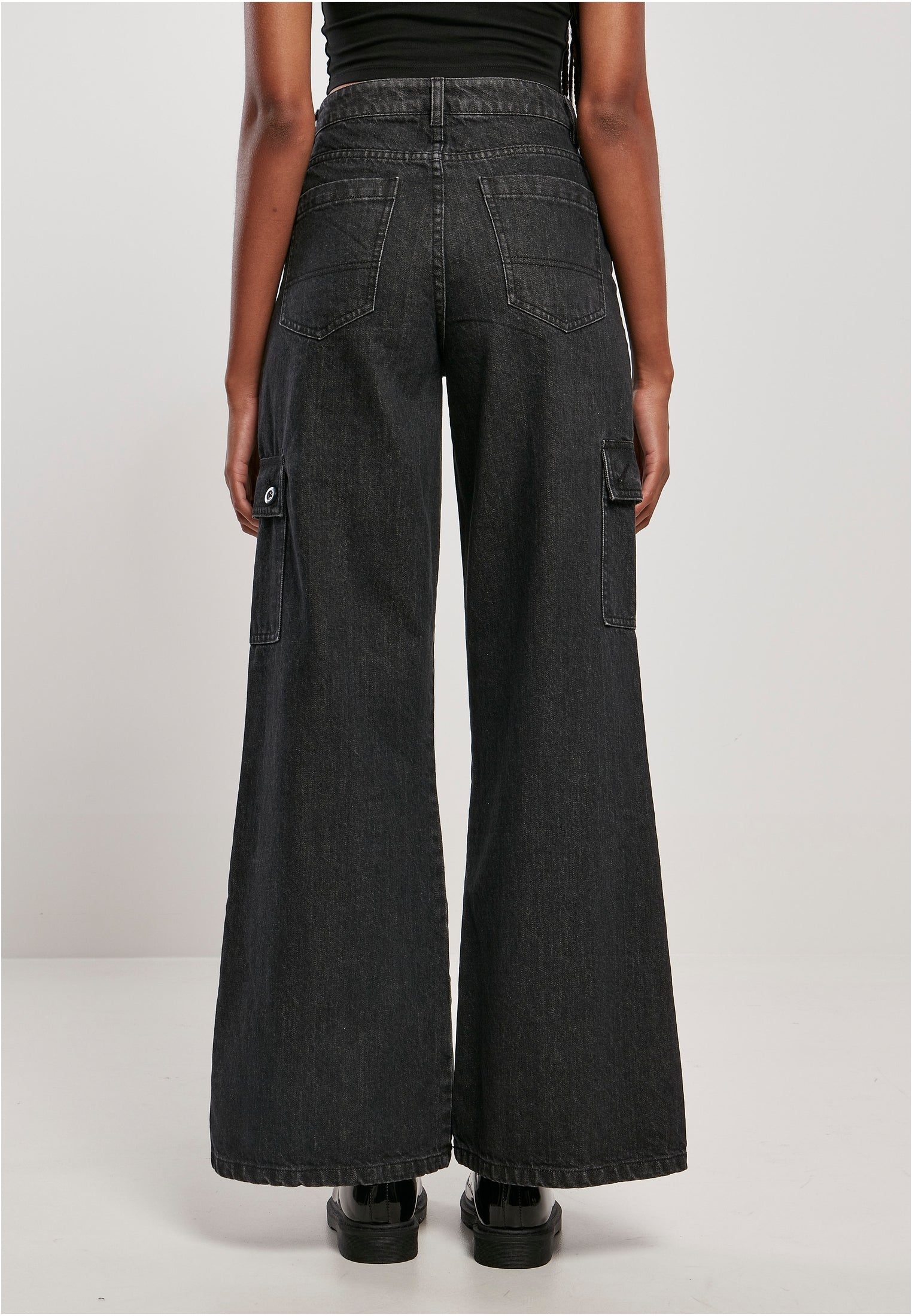 Ladies Wide Leg Cargo Denim Pants | black washed