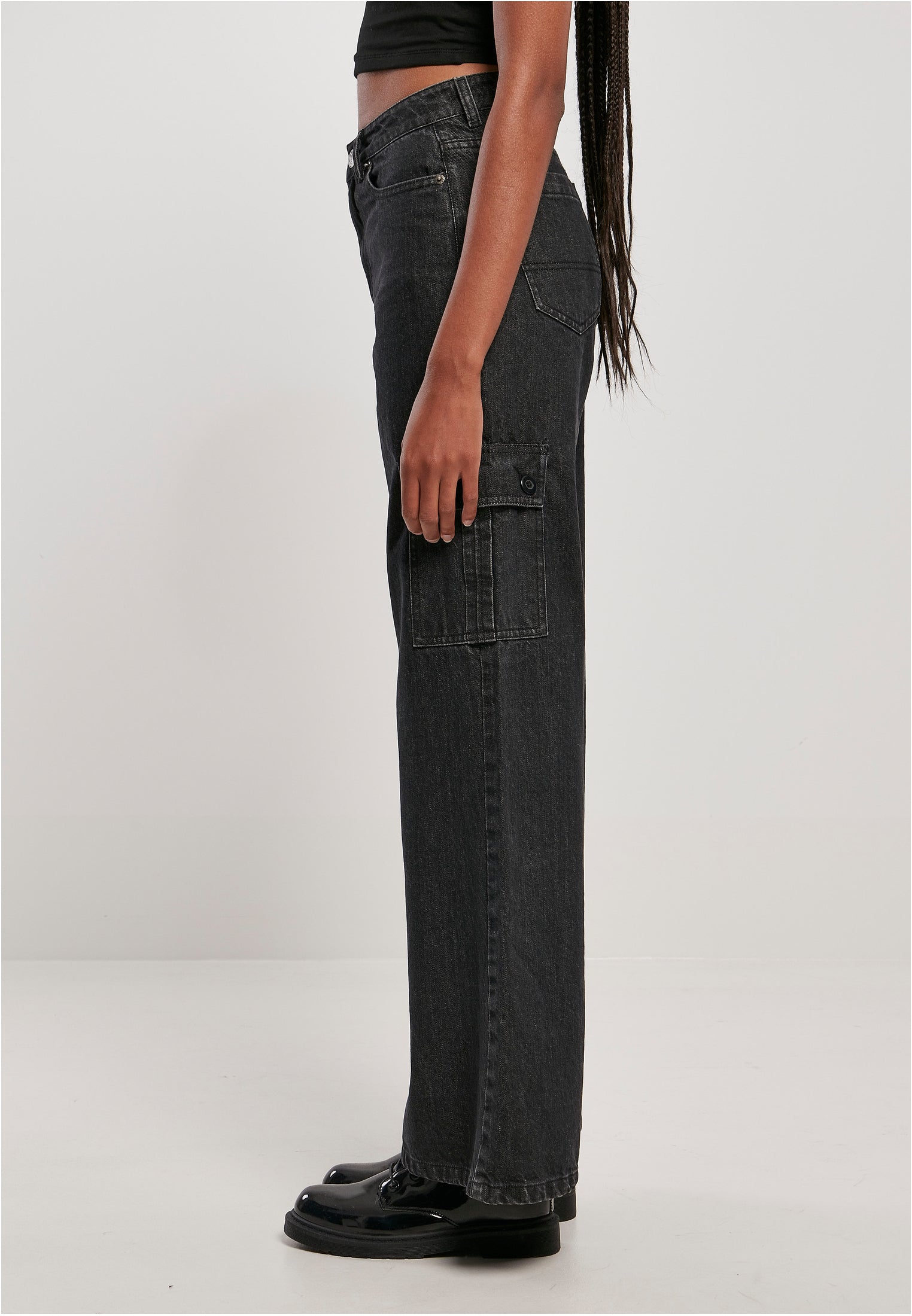 Ladies Wide Leg Cargo Denim Pants | black washed