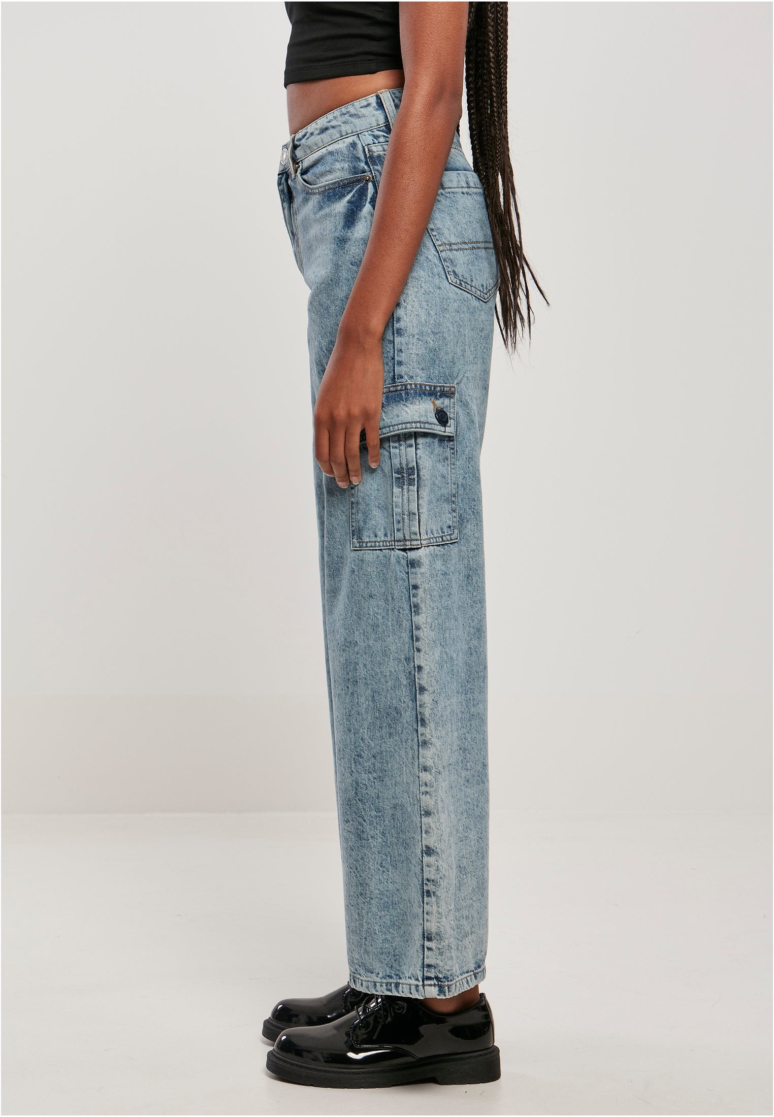 Ladies Wide Leg Cargo Denim Pants | tinted lightblue washed