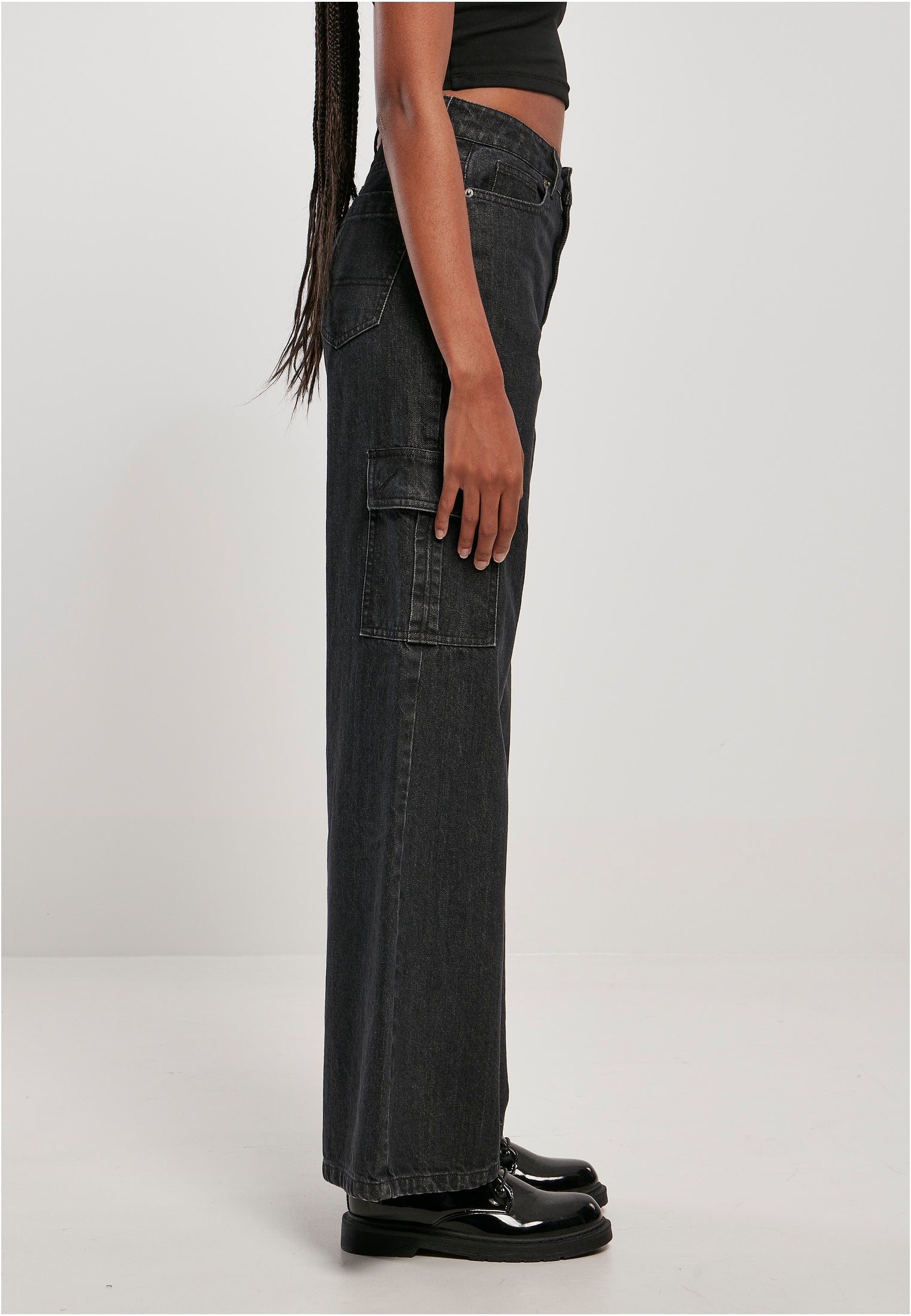 Ladies Wide Leg Cargo Denim Pants | black washed