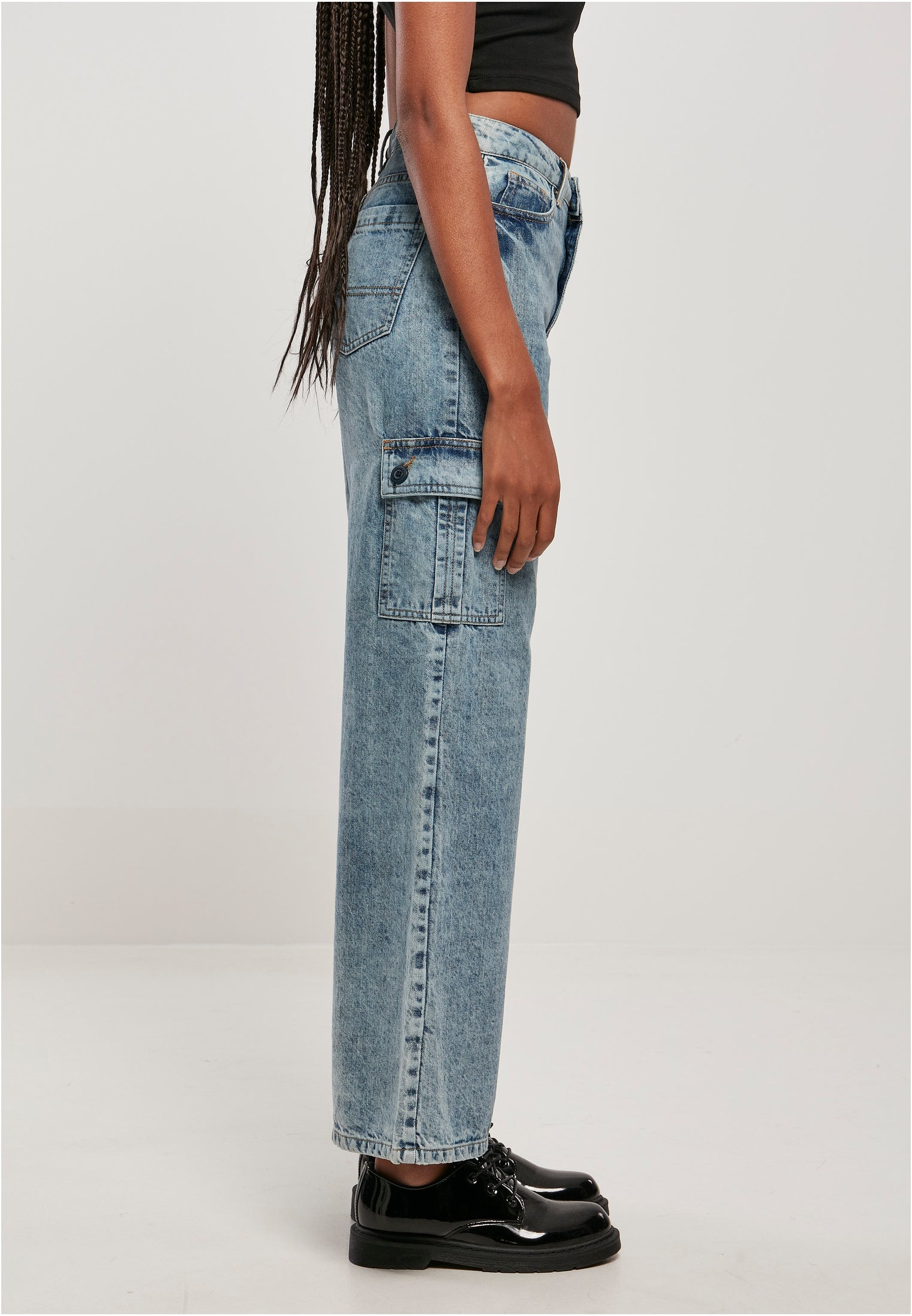 Ladies Wide Leg Cargo Denim Pants | tinted lightblue washed