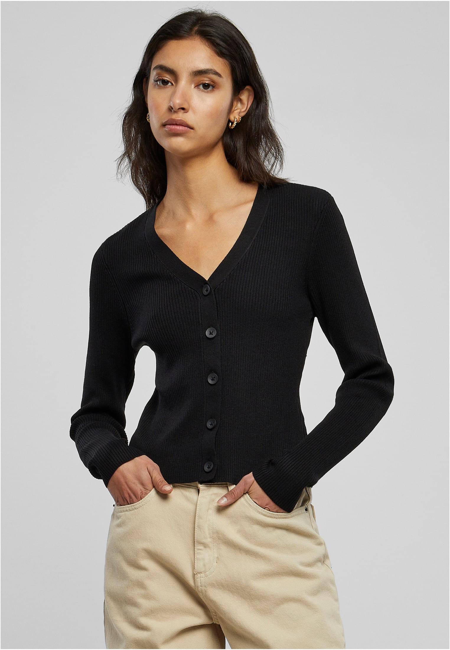 Ladies Short Rib Knit Cardigan | black