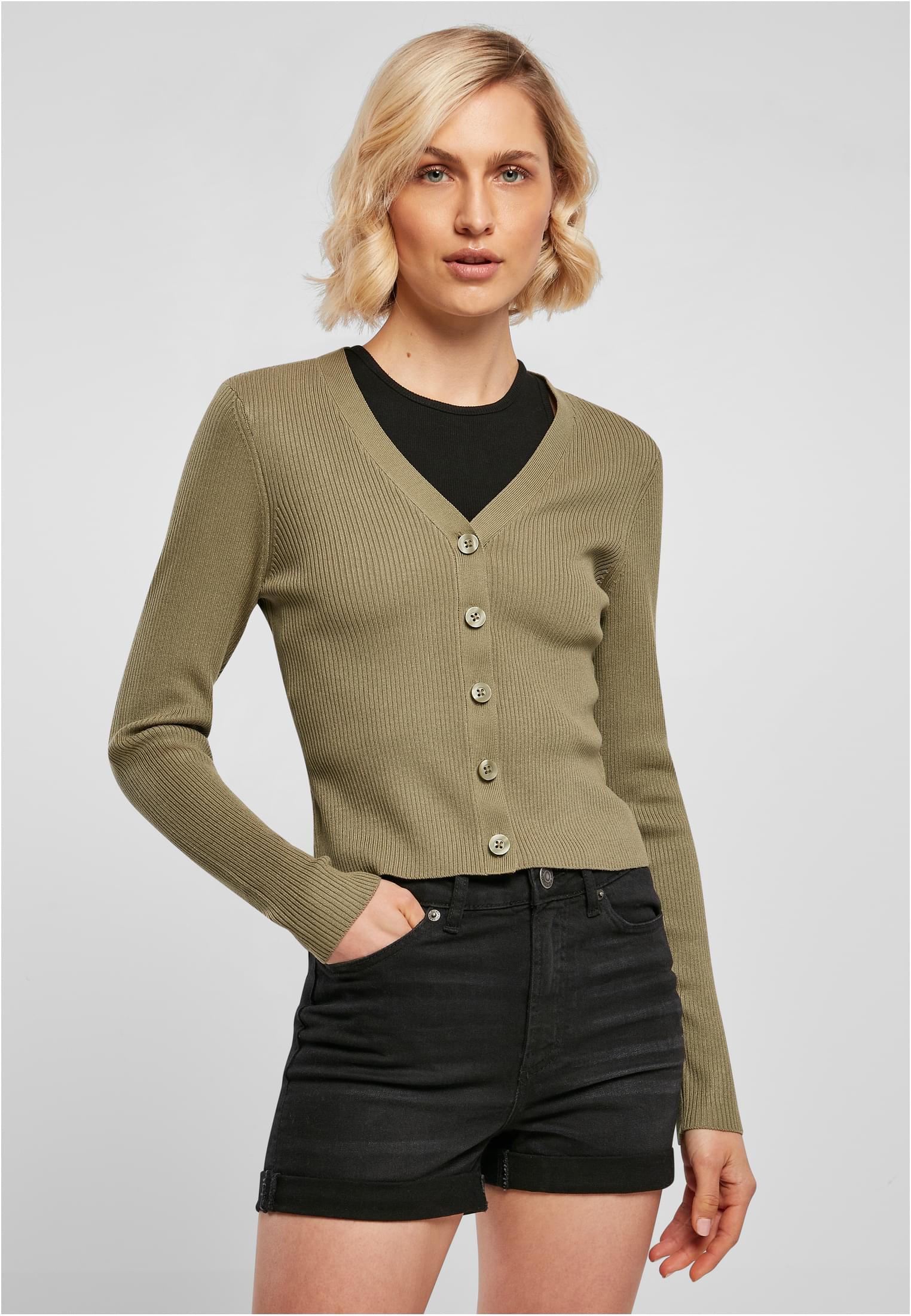 Ladies Short Rib Knit Cardigan | khaki