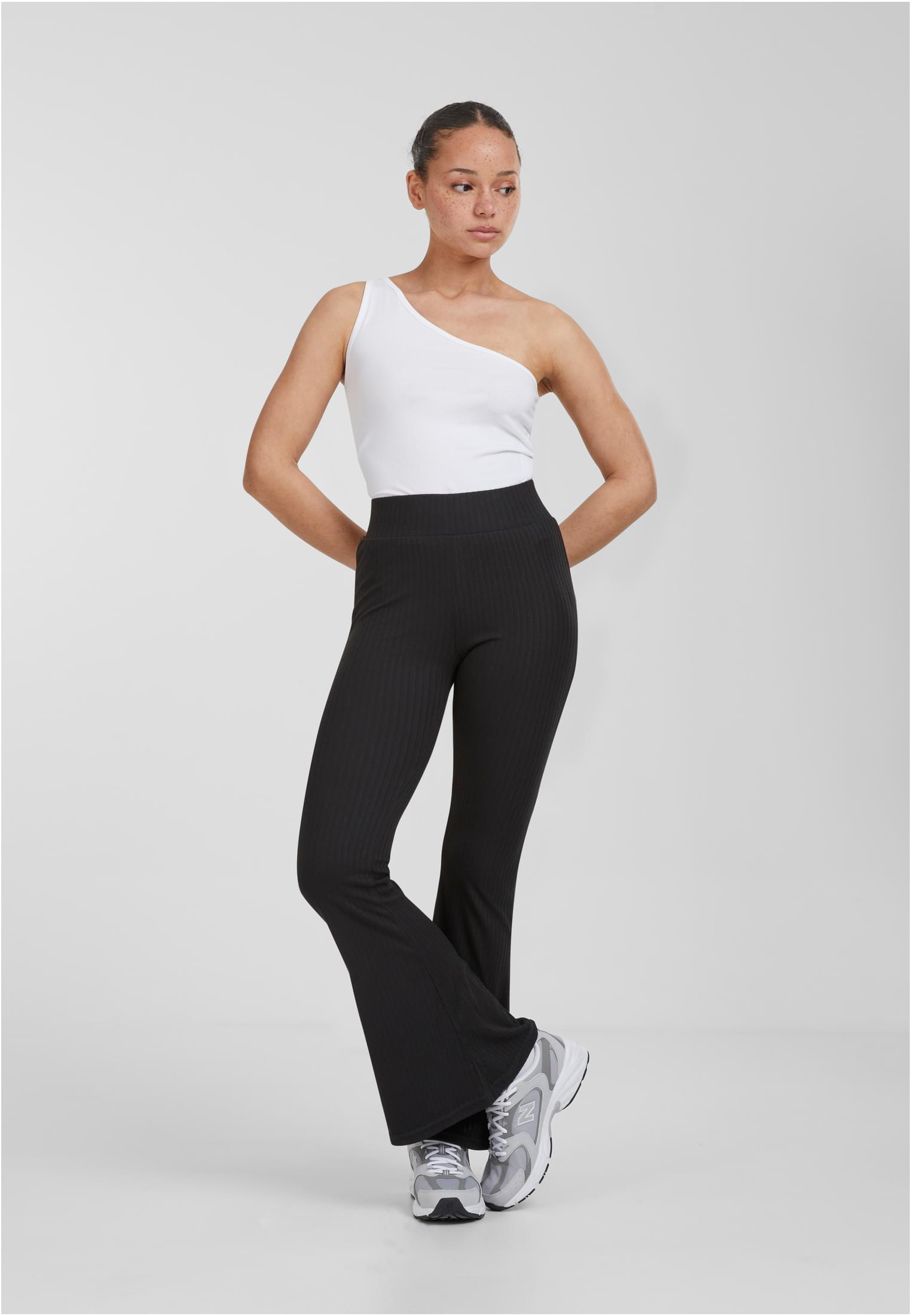 Ladies High Waist Rib Flared Leggings | black