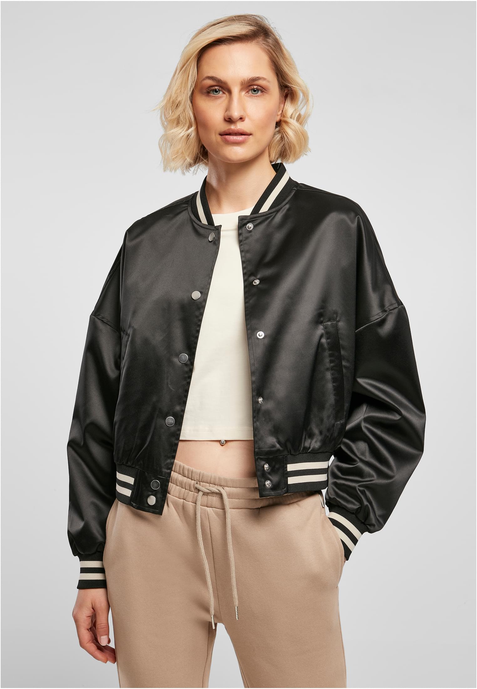 Ladies Short Oversized Satin College Jacket | black