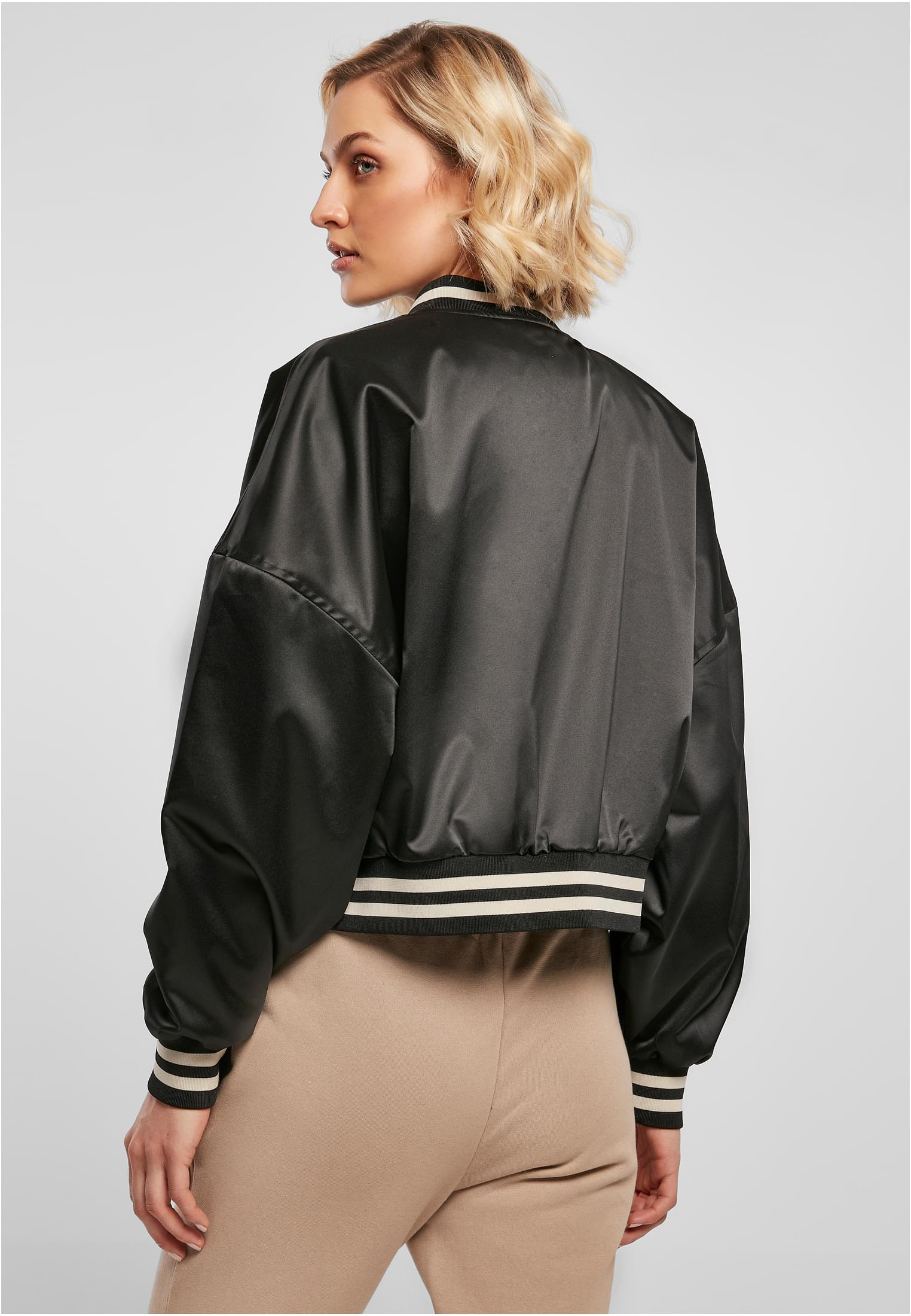 Ladies Short Oversized Satin College Jacket | black