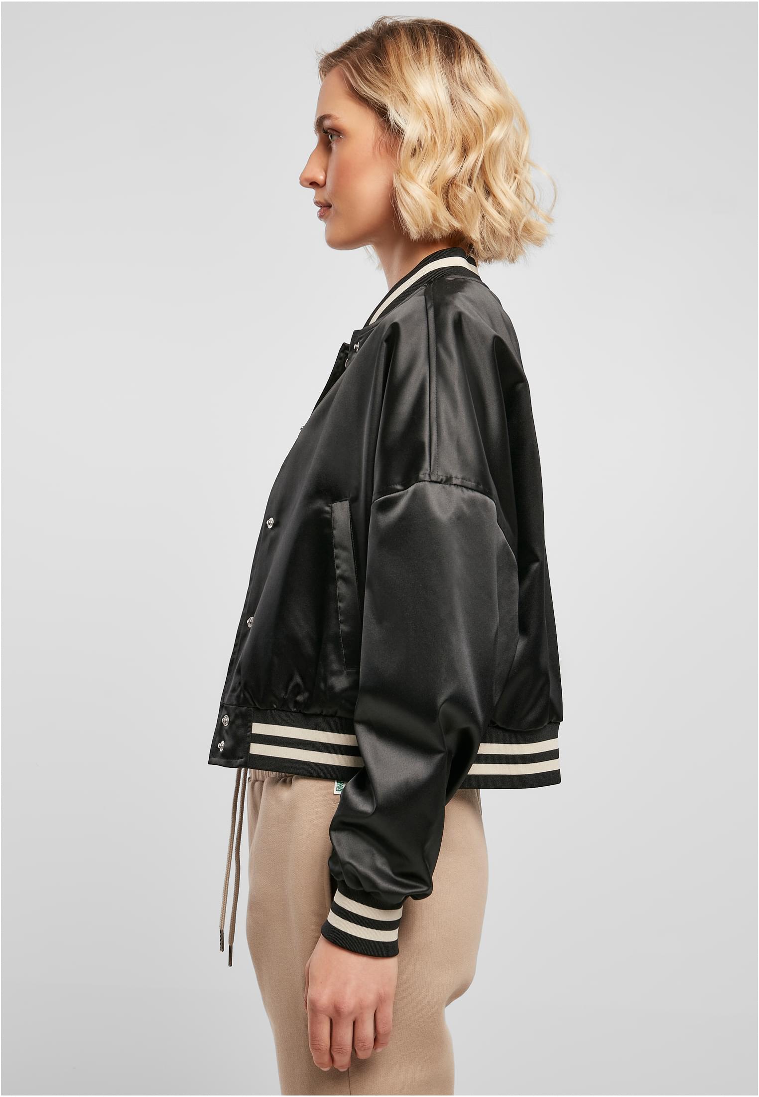 Ladies Short Oversized Satin College Jacket | black