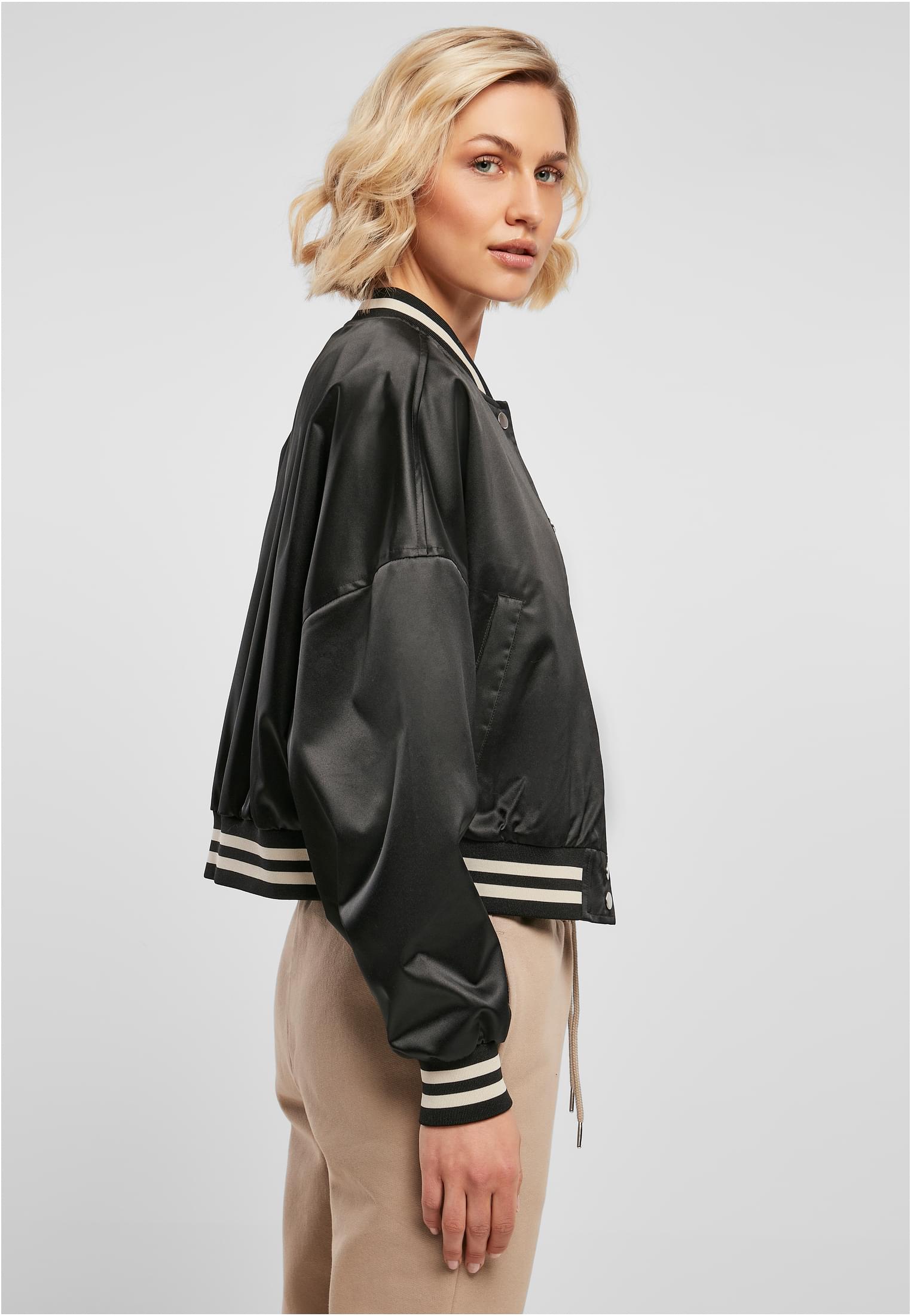 Ladies Short Oversized Satin College Jacket | black