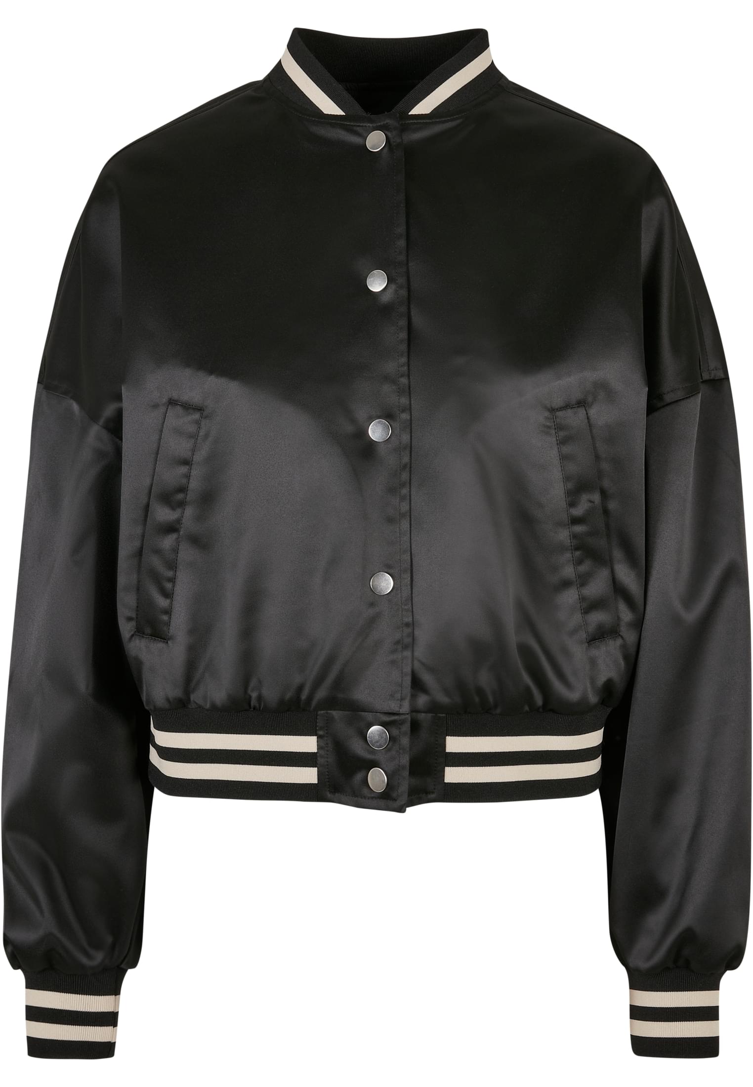 Ladies Short Oversized Satin College Jacket | black