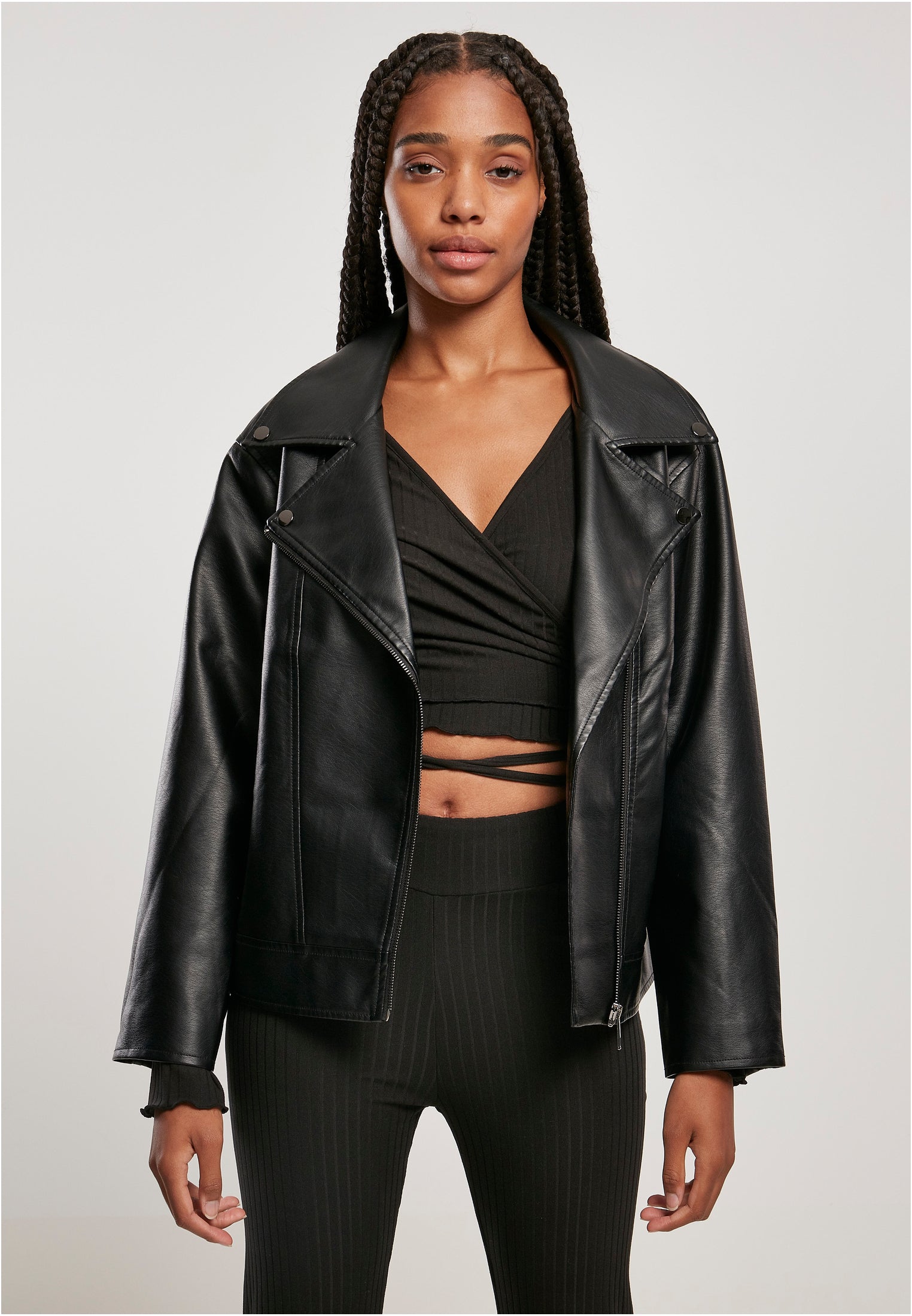 Ladies Oversized Synthetic Leather Biker Jacket | black