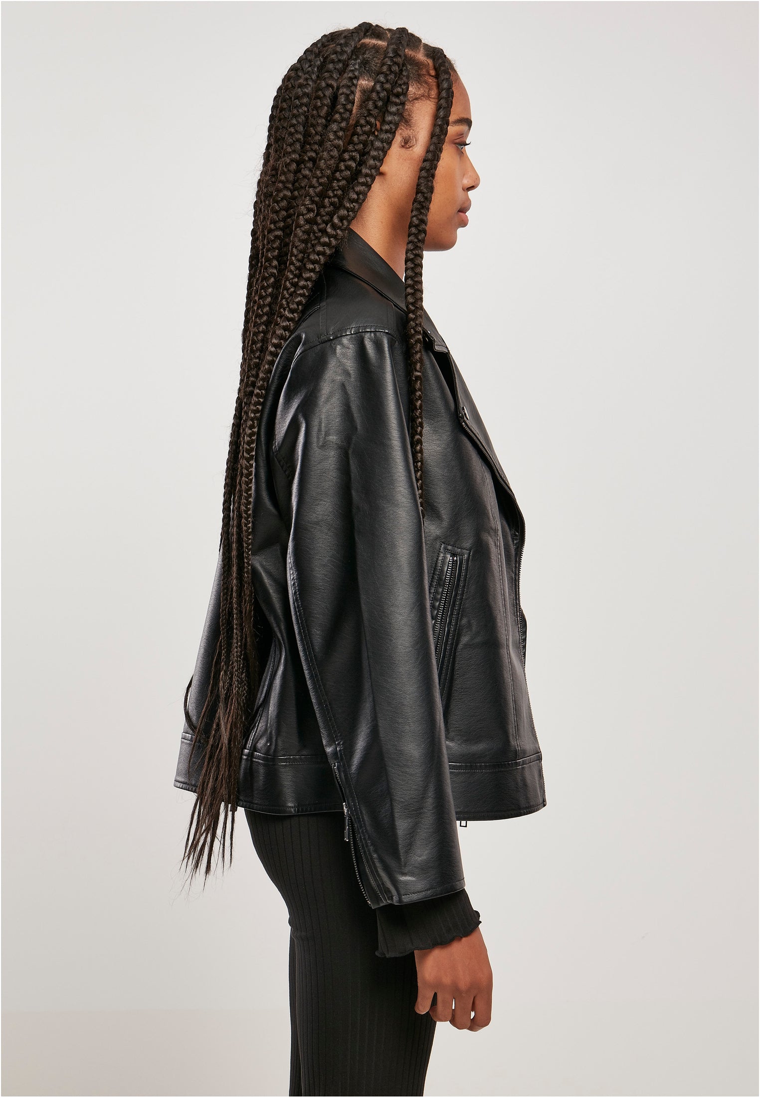 Ladies Oversized Synthetic Leather Biker Jacket | black