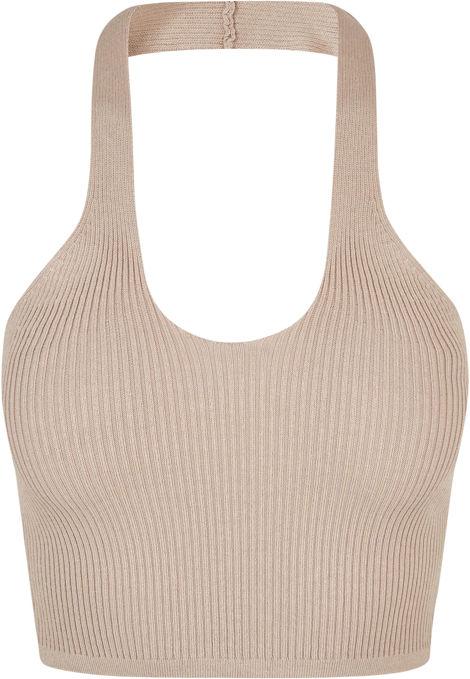 Ladies Rib Knit Crossed Neckholder Top | lighttaupe