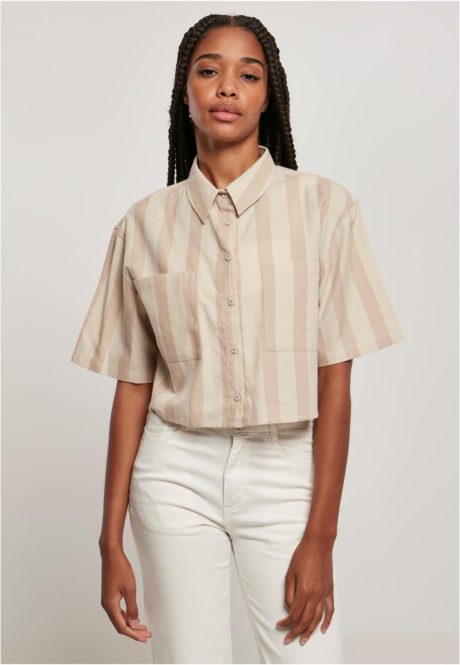 Ladies Short Oversized Stripe Shirt | unionbeige/softseagrass