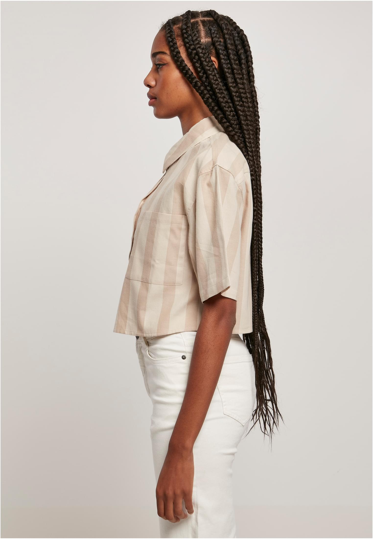 Ladies Short Oversized Stripe Shirt | unionbeige/softseagrass