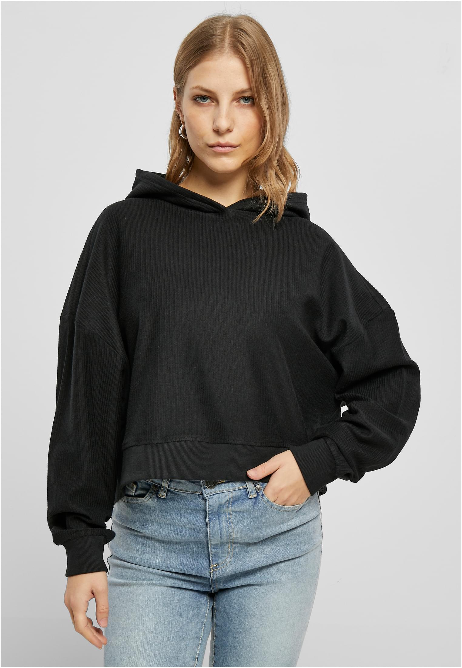 Ladies Oversized Short Rib Hoody | black