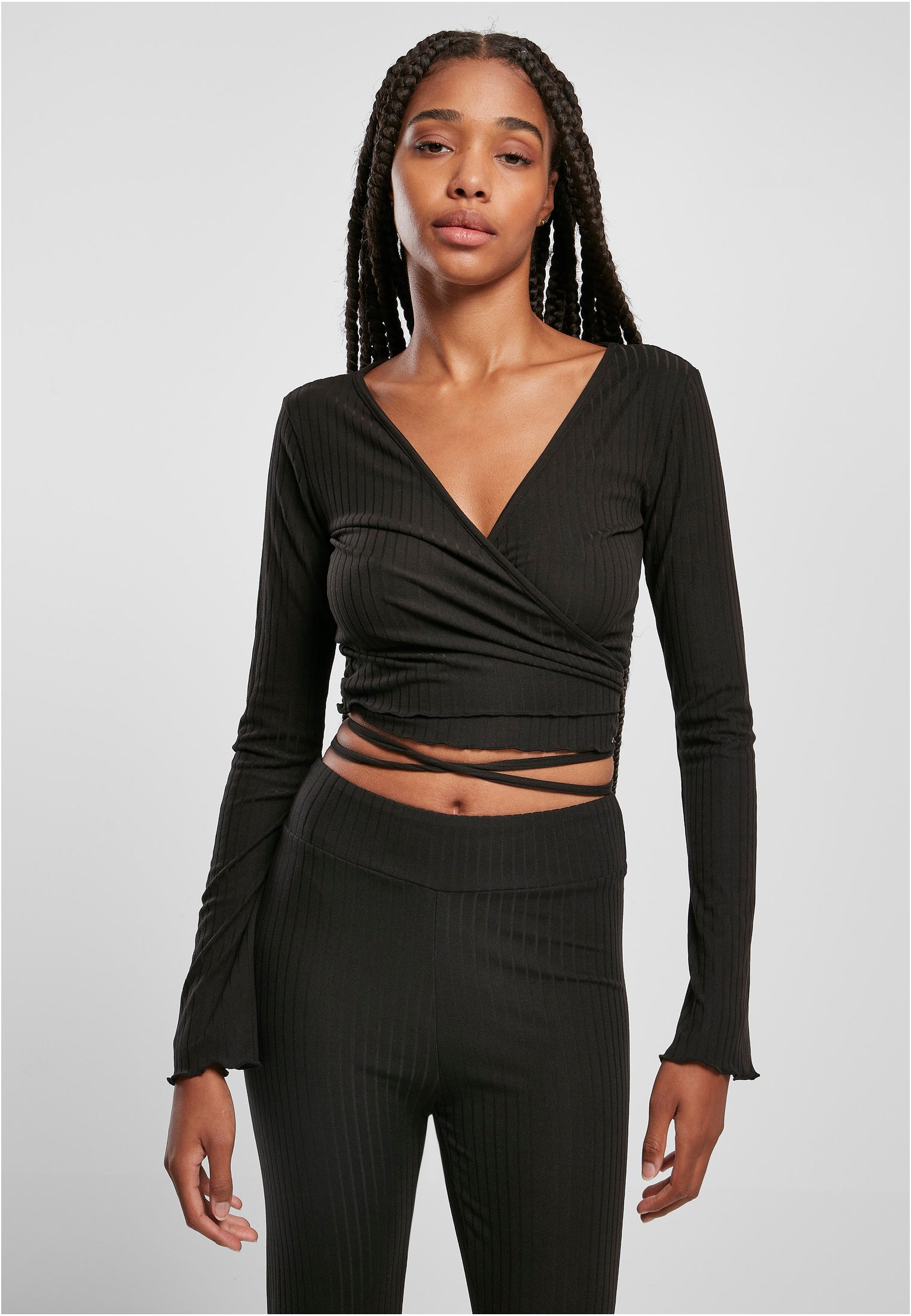 Ladies Cropped Rib Wrapped Longsleeve | black