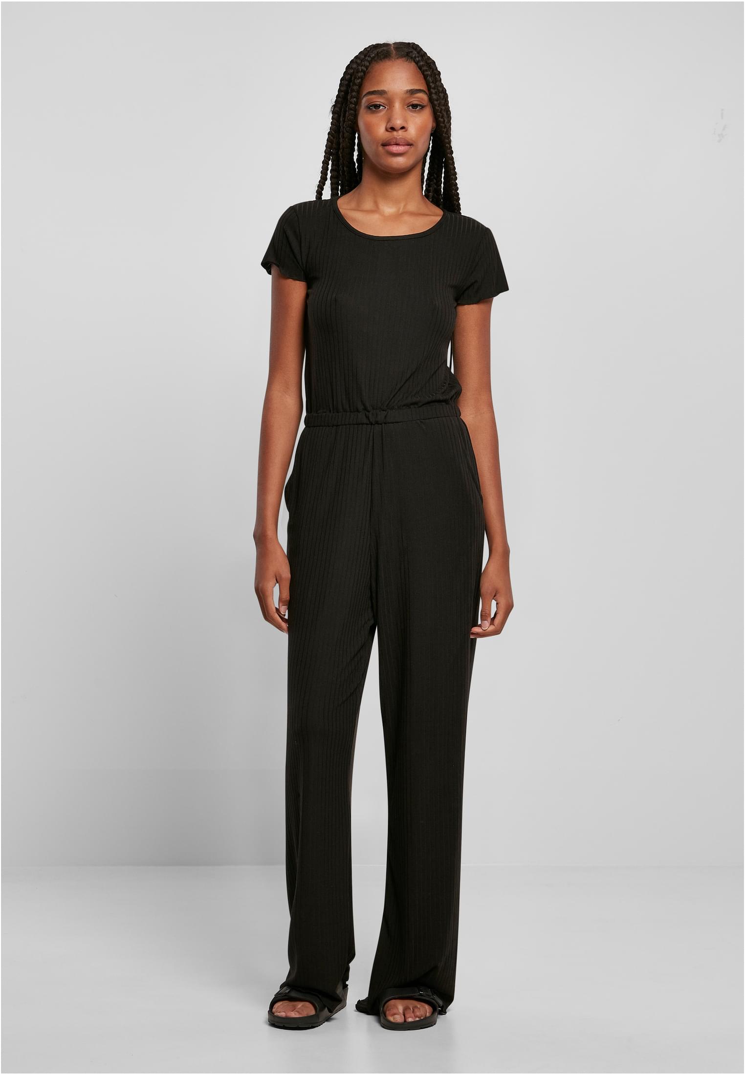 Ladies Rib Wid Leg Jumpsuit | black