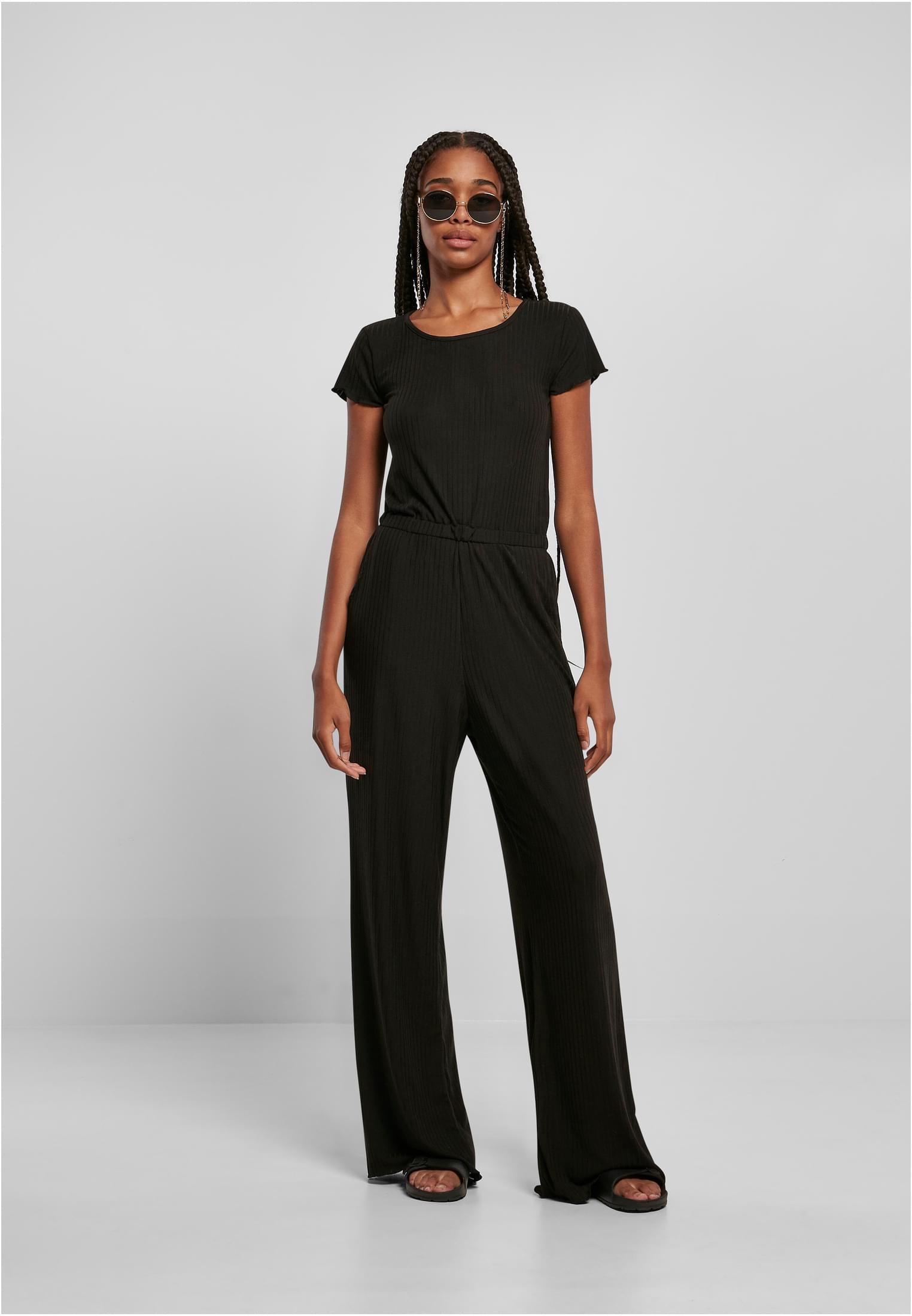 Ladies Rib Wid Leg Jumpsuit | black