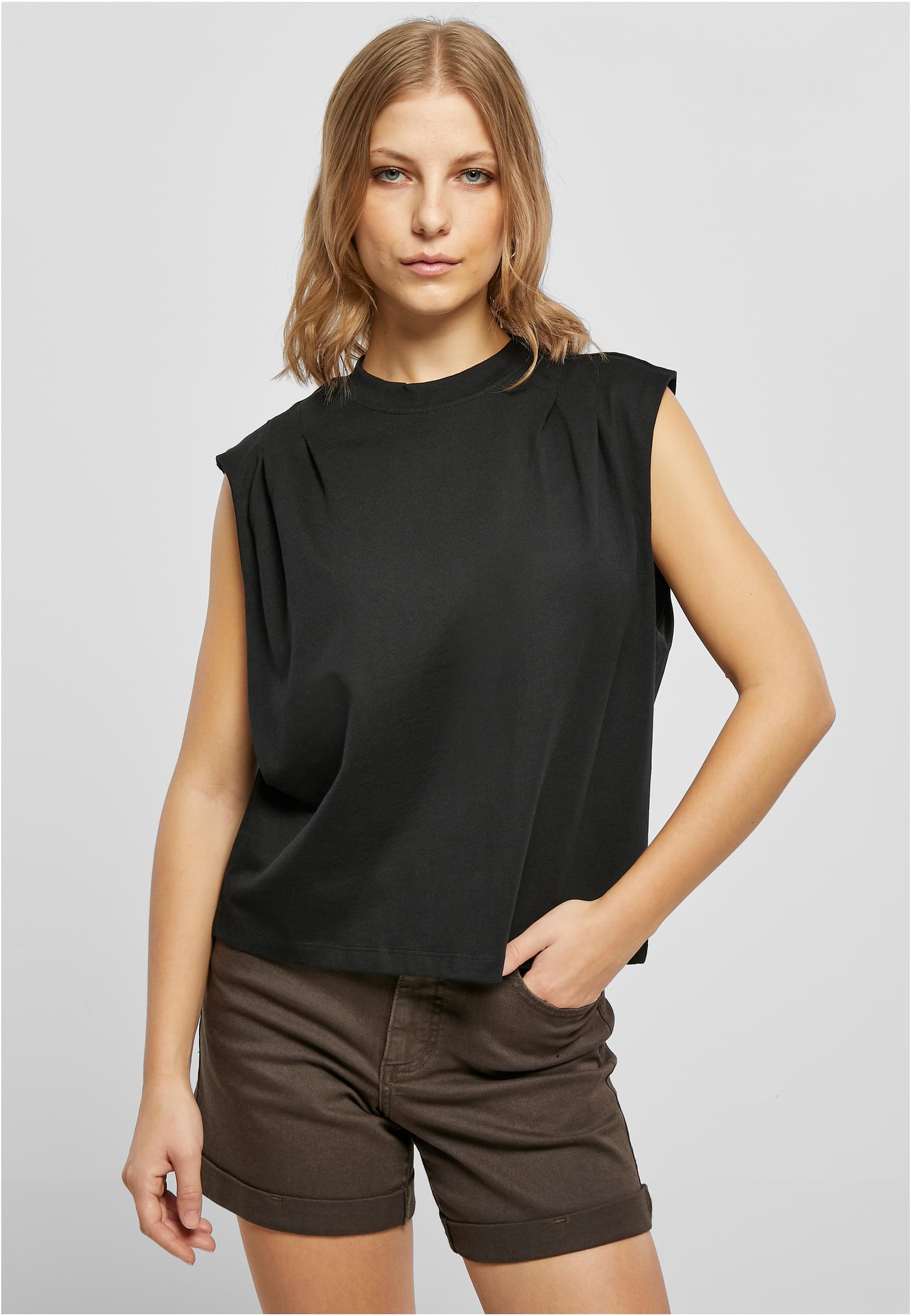 Ladies Organic Heavy Pleated Shoulder Top | black