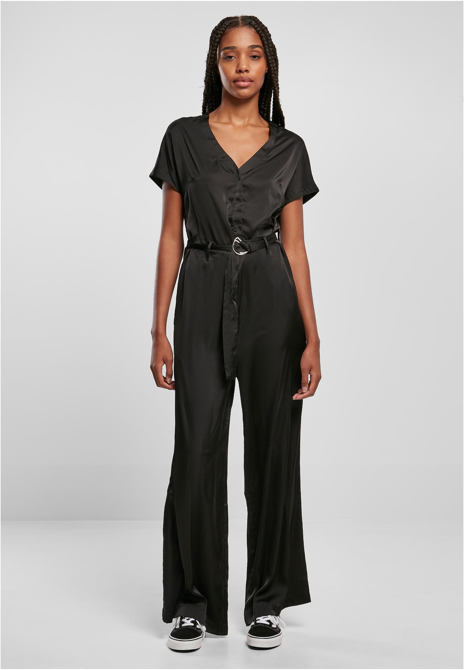 Ladies Satin Wide Leg Belt Jumpsuit | black