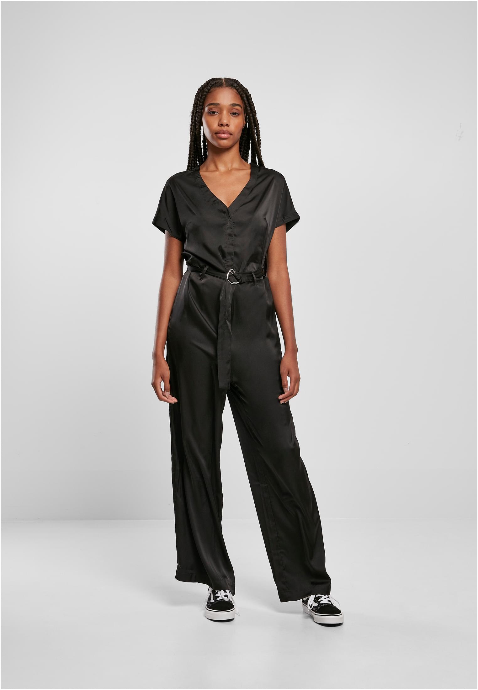 Ladies Satin Wide Leg Belt Jumpsuit | black