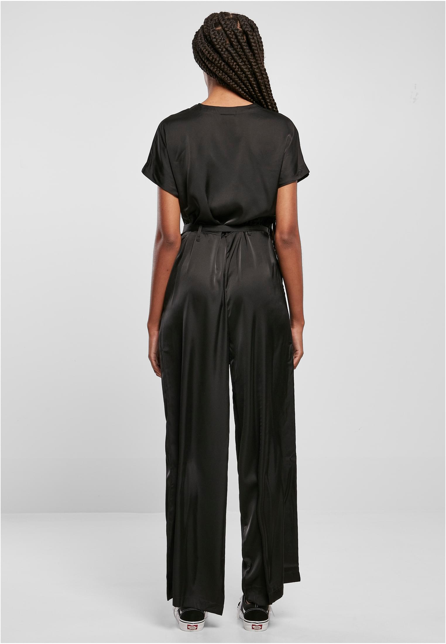 Ladies Satin Wide Leg Belt Jumpsuit | black