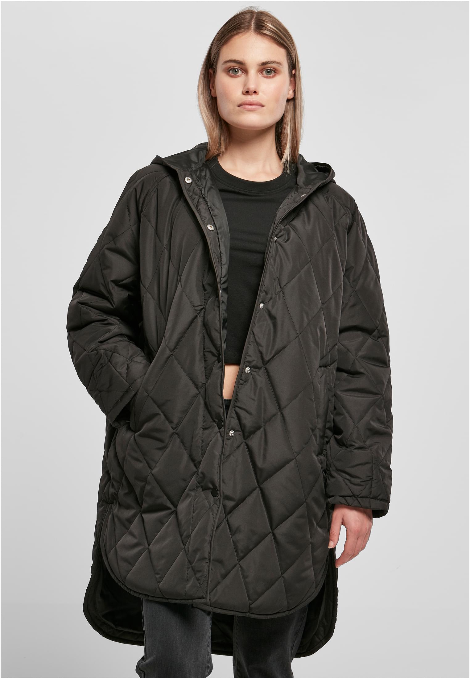 Ladies Oversized Diamond Quilted Hooded Coat | black