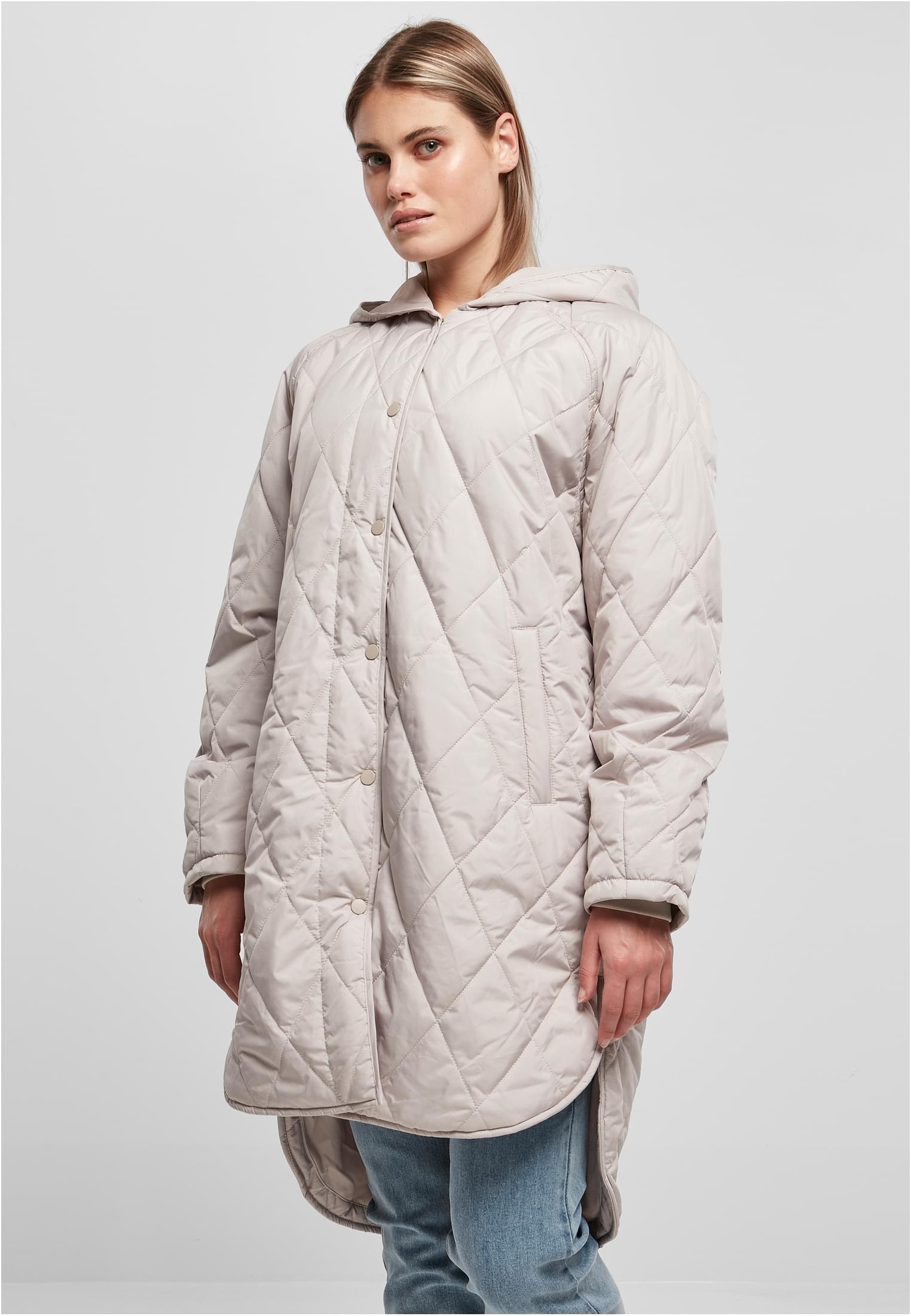 Ladies Oversized Diamond Quilted Hooded Coat | warmgrey